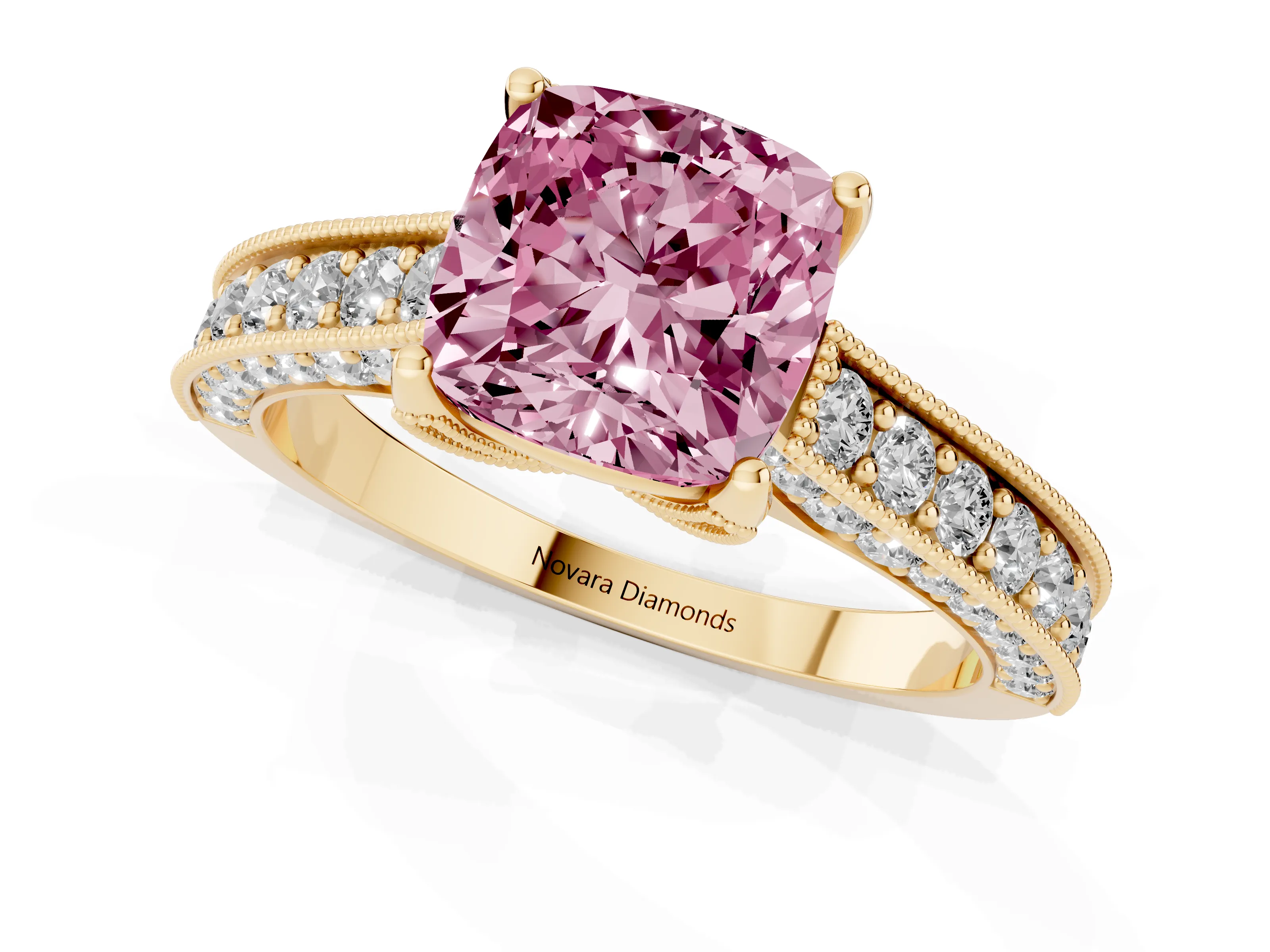 Fancy Pink Cushion Cut Diamond Solitaire Ring Set in Yellow gold with Milgrain-Edged Pavé Band and Prong Setting