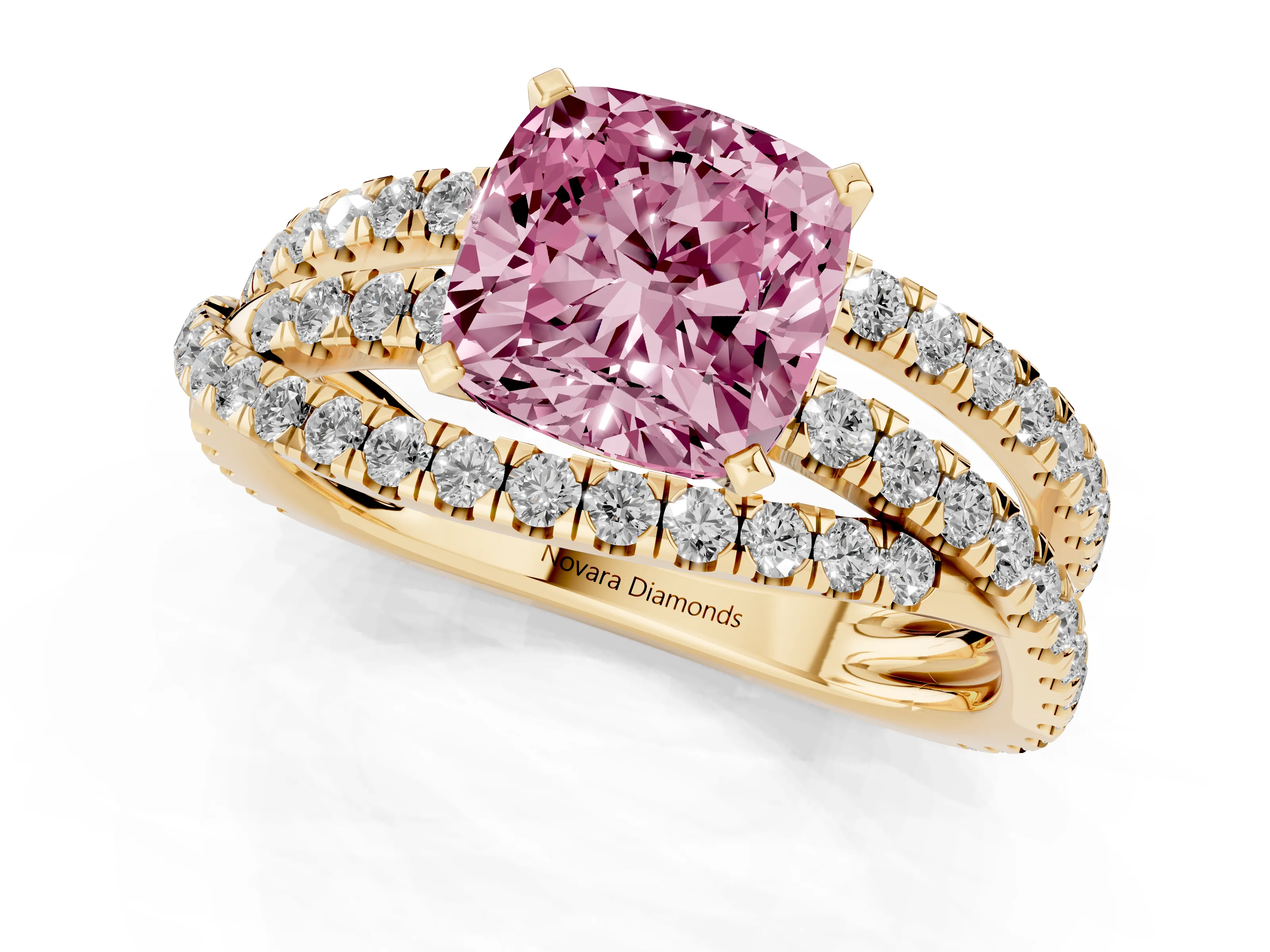 Fancy Pink Cushion Cut Diamond Solitaire Twist Band Ring Set in Yellow gold with Pavé Setting and Prong Head