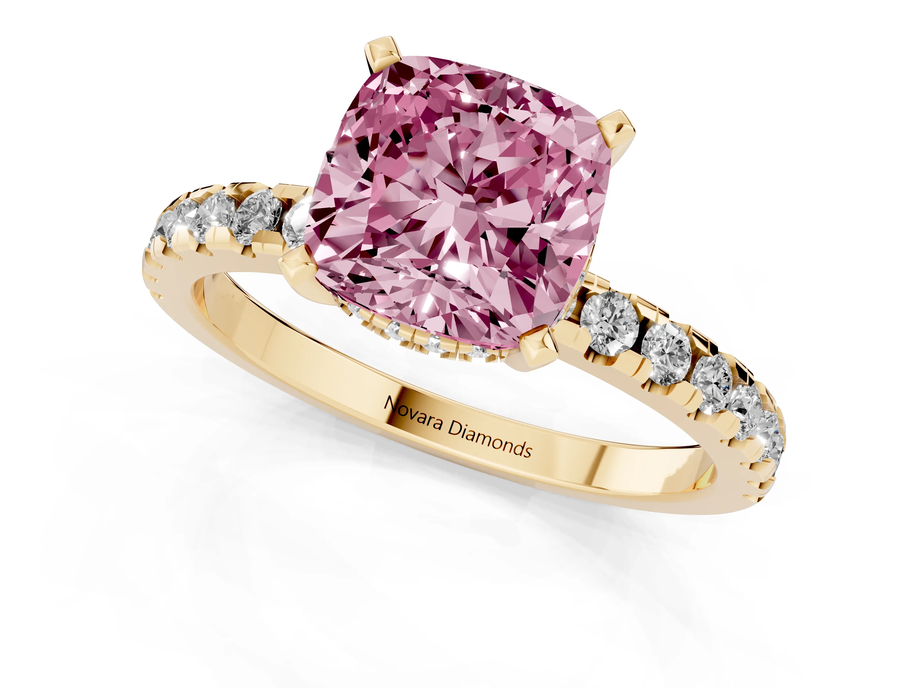 Fancy Pink Cushion Cut Diamond Pavé Solitaire Ring Set in Yellow gold with Round Band Accents and Prong Setting
