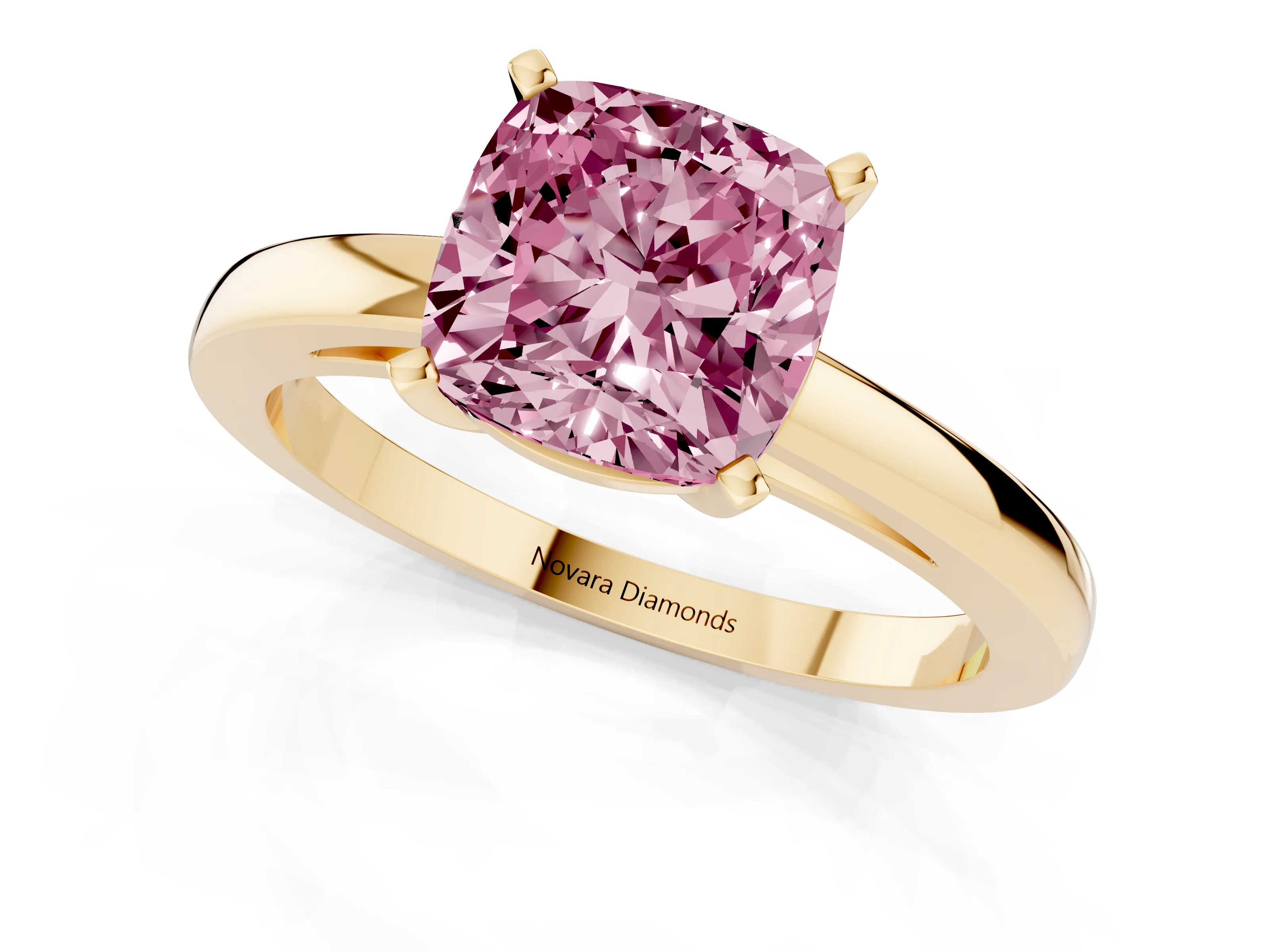 Fancy Pink Cushion Cut Diamond Solitaire Engagement Ring Set in Yellow gold with Prong Setting on a Classic Band