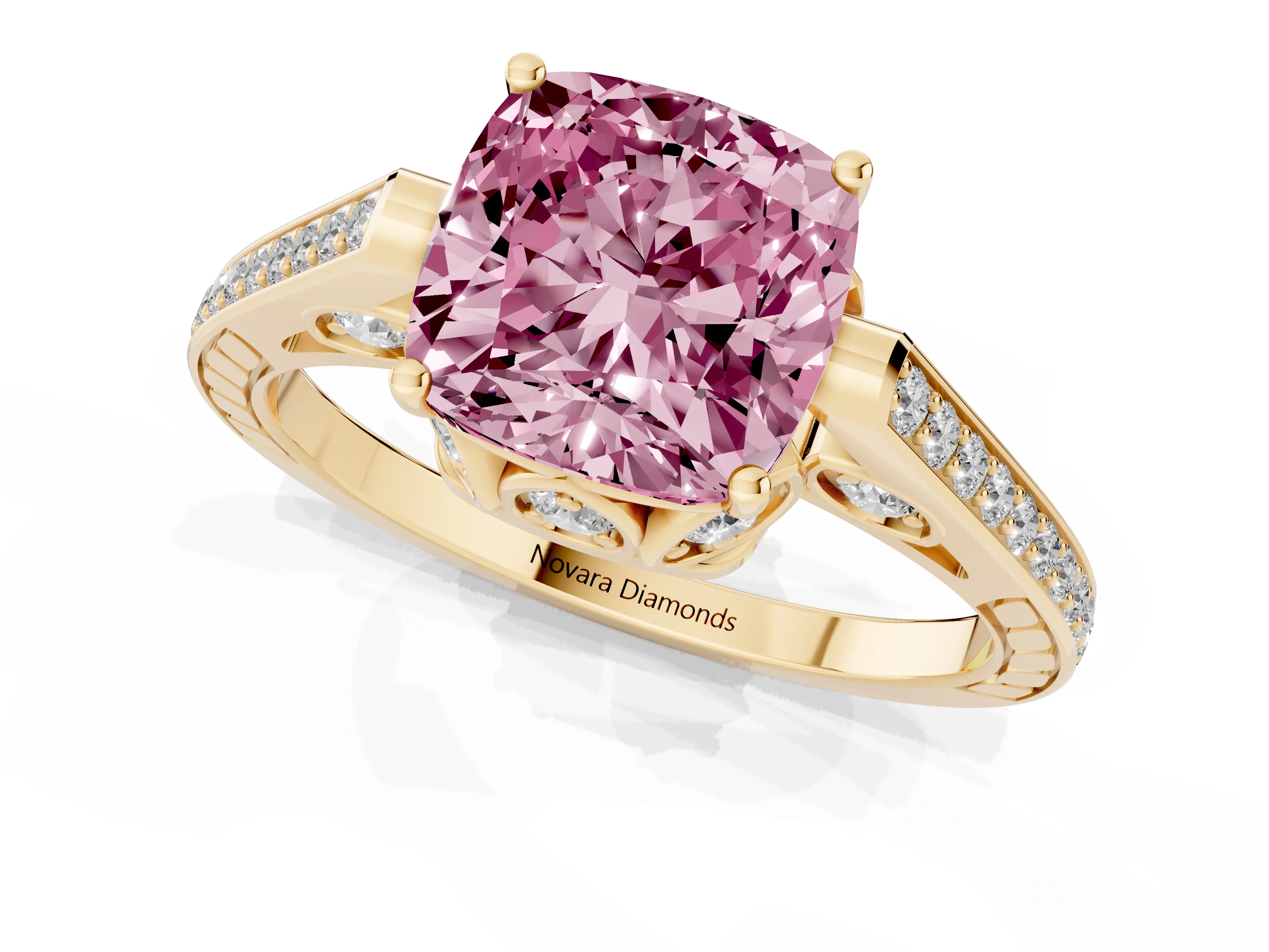 Fancy Pink Cushion Cut Diamond Cathedral Pavé Engagement Ring Set in Yellow gold with Prong Setting