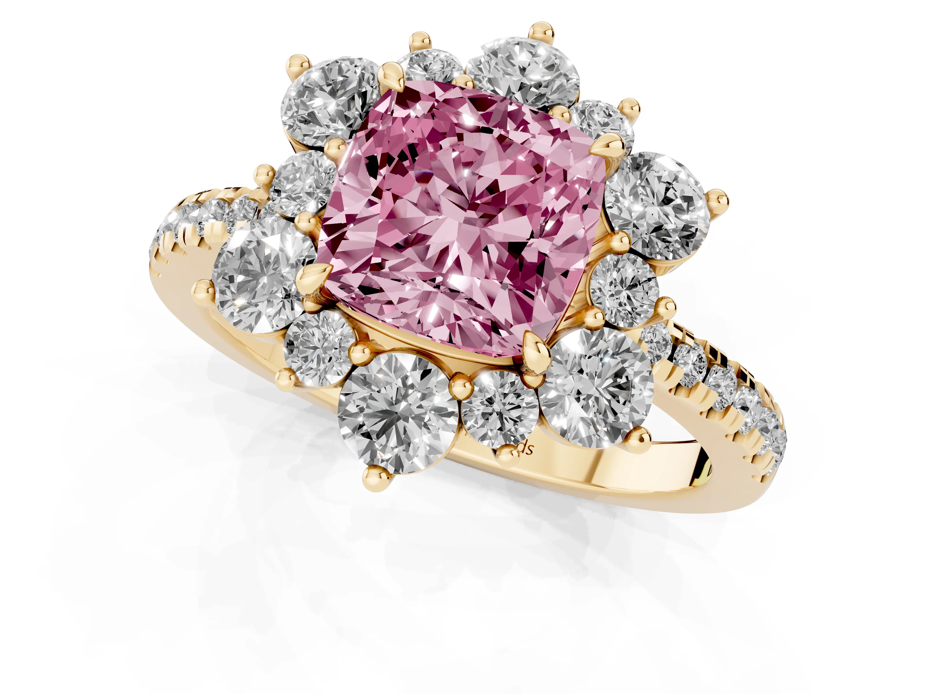 Fancy Pink Cushion Cut Diamond Floral Halo Ring Set in Yellow gold with Round Pavé Band and Prong Setting
