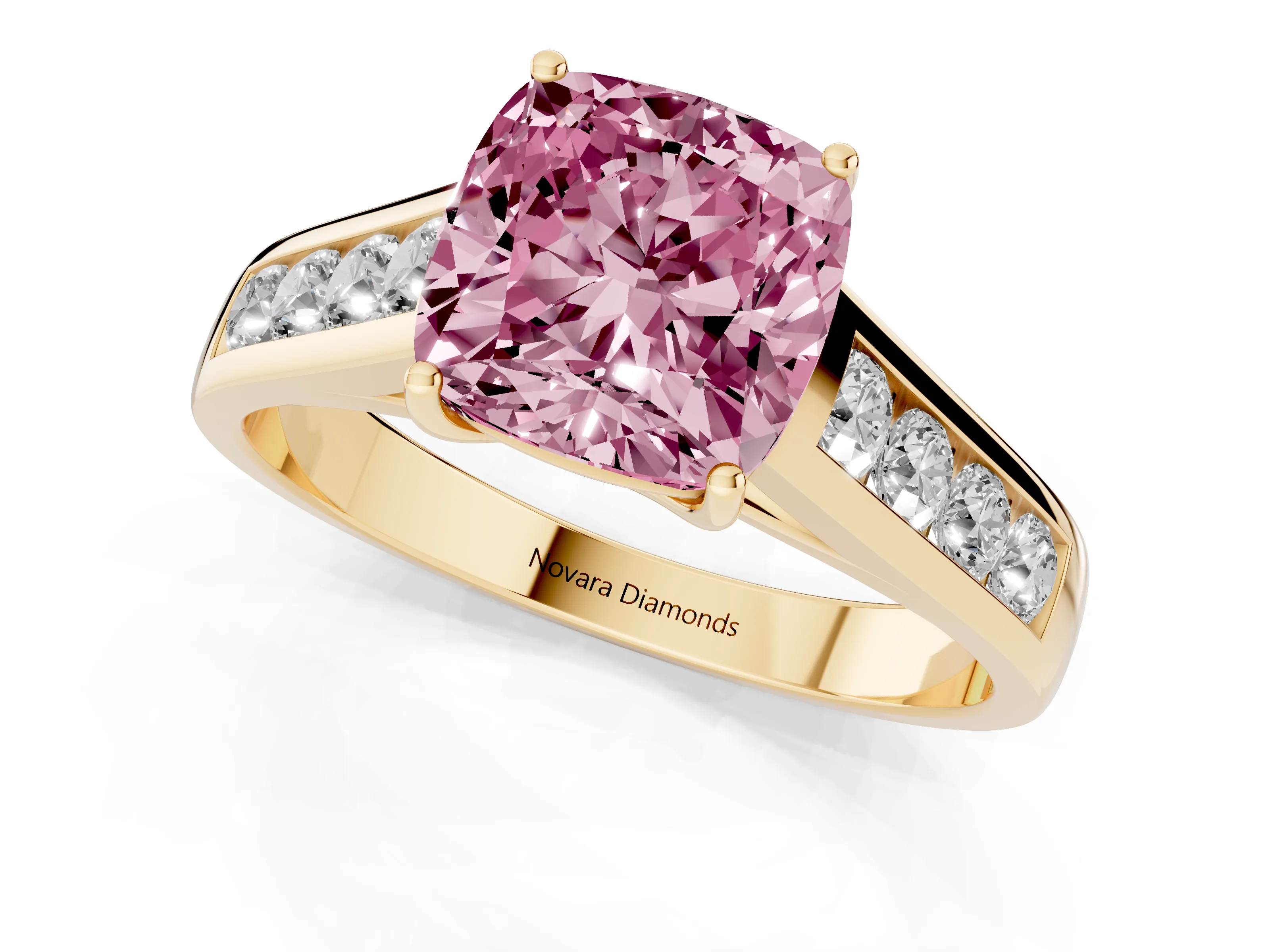 Fancy Pink Cushion Cut Diamond Brilliant Channel-Set Solitaire Ring Set in Yellow gold with Prong Setting