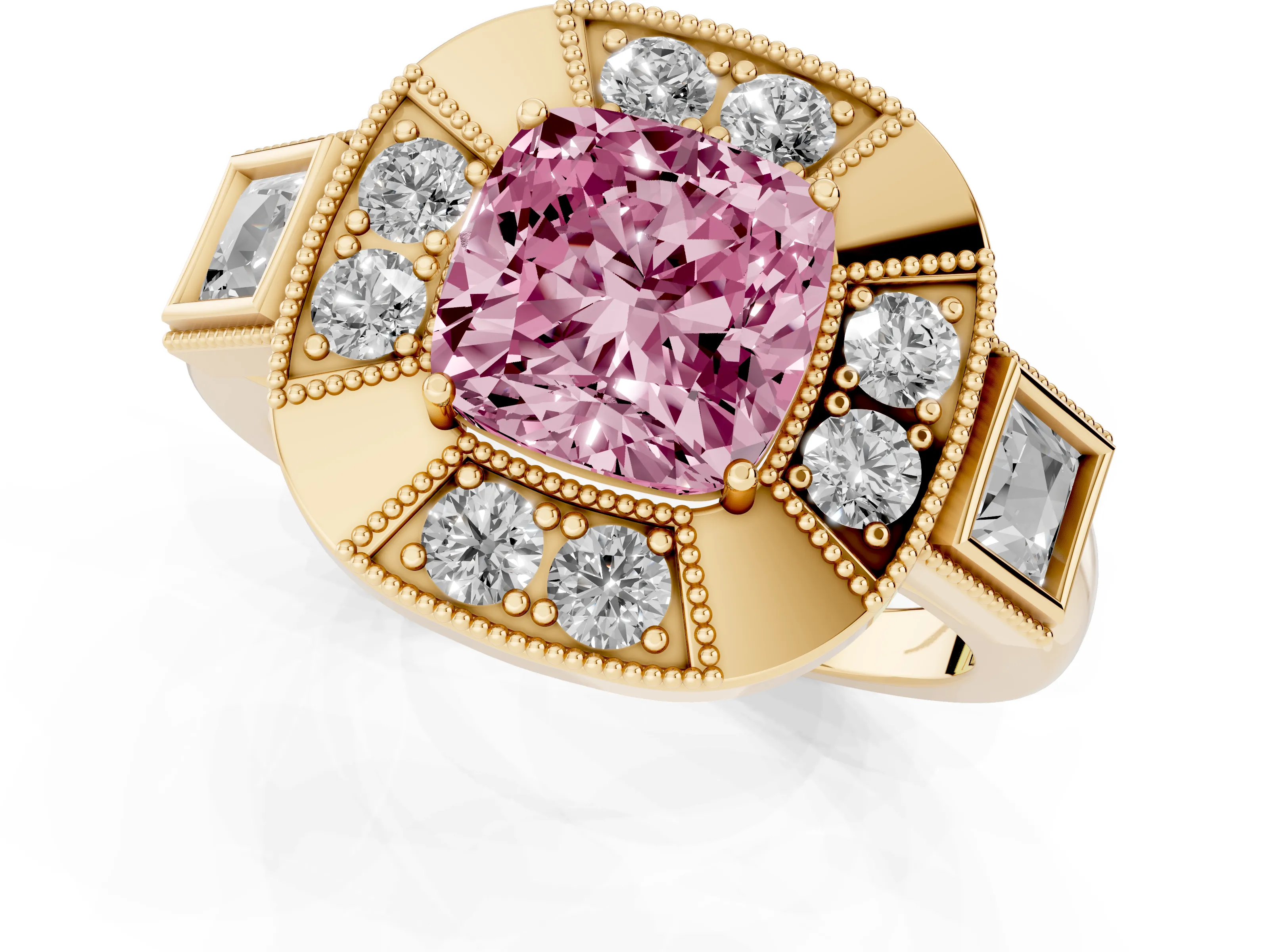 Fancy Pink Cushion Cut Diamond Milgrain Halo Ring Set in Yellow gold with Split Shank