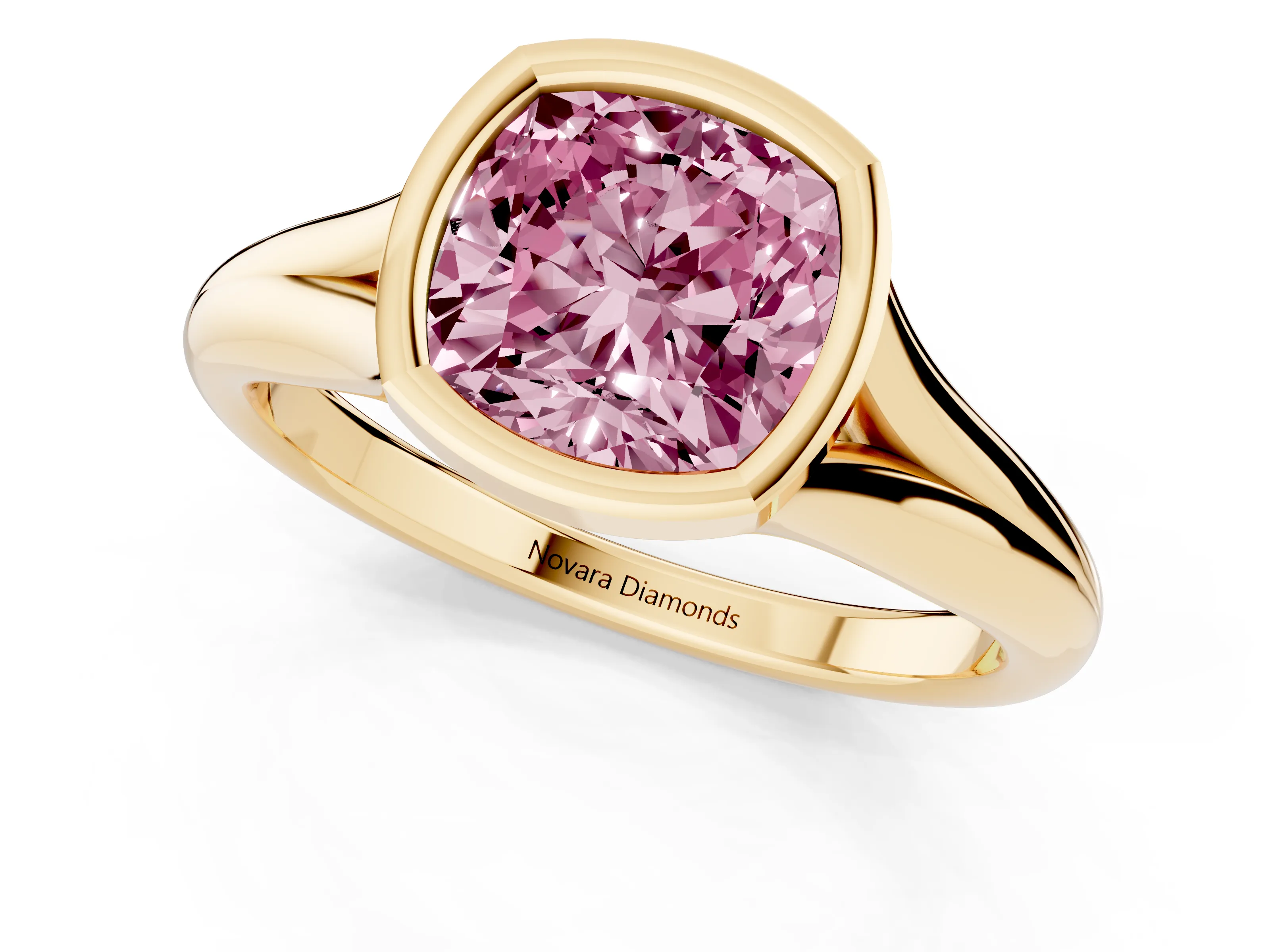 Fancy Pink Bezel Set Cushion Cut Diamond Solitaire Ring Set in Yellow gold with Smooth Band