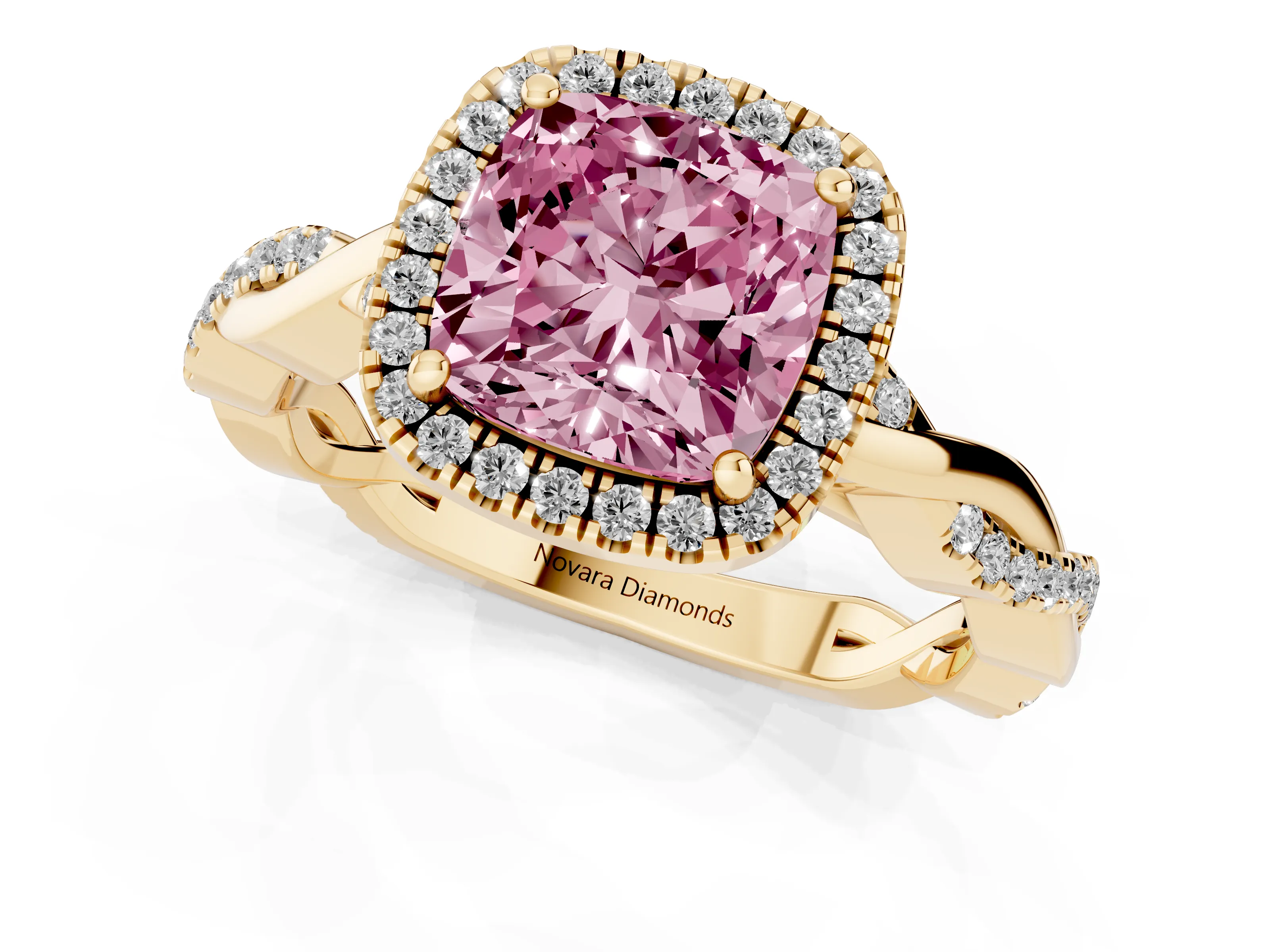 Fancy Pink Cushion Cut Diamond Halo Twisted Band Ring Set in Yellow gold with Prong Setting