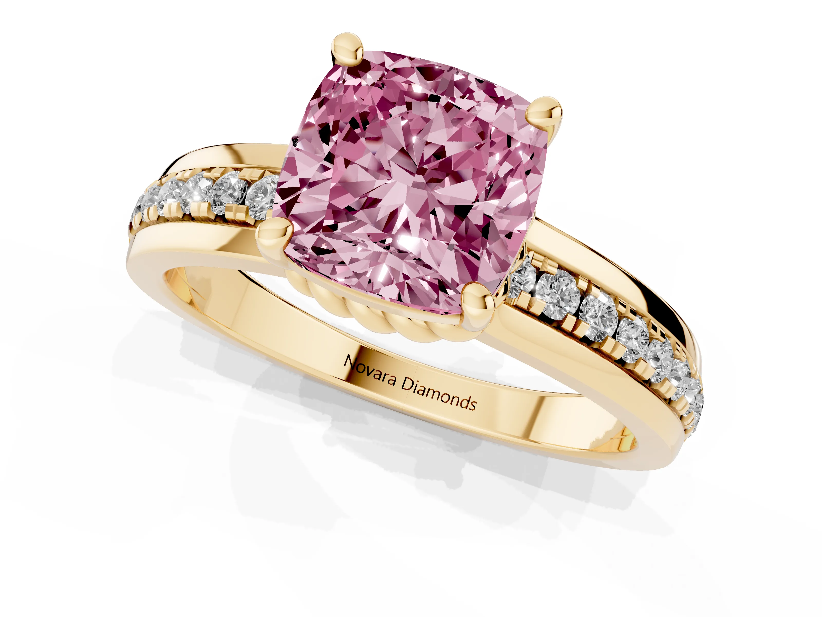 Fancy Pink Cushion Cut Diamond Solitaire Ring Set in Yellow gold with Channel Set Band and Prong Setting