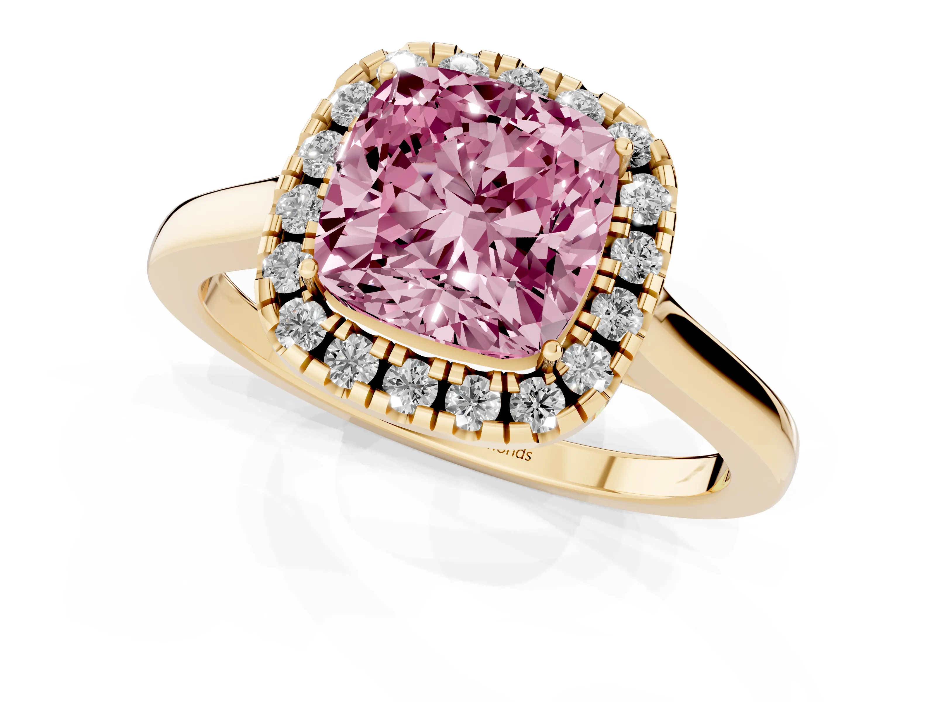 Fancy Pink Cushion Cut Halo Round Diamond Solitaire Ring Set in Yellow gold with Pavé Band and Prong Setting