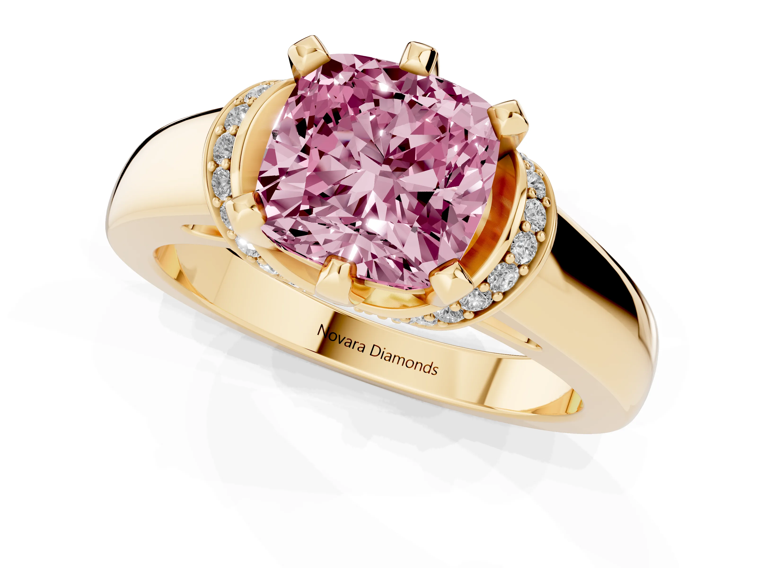 Fancy Pink Cushion Cut Diamond Pavé Band Solitaire Ring Set in Yellow gold with Prong Setting