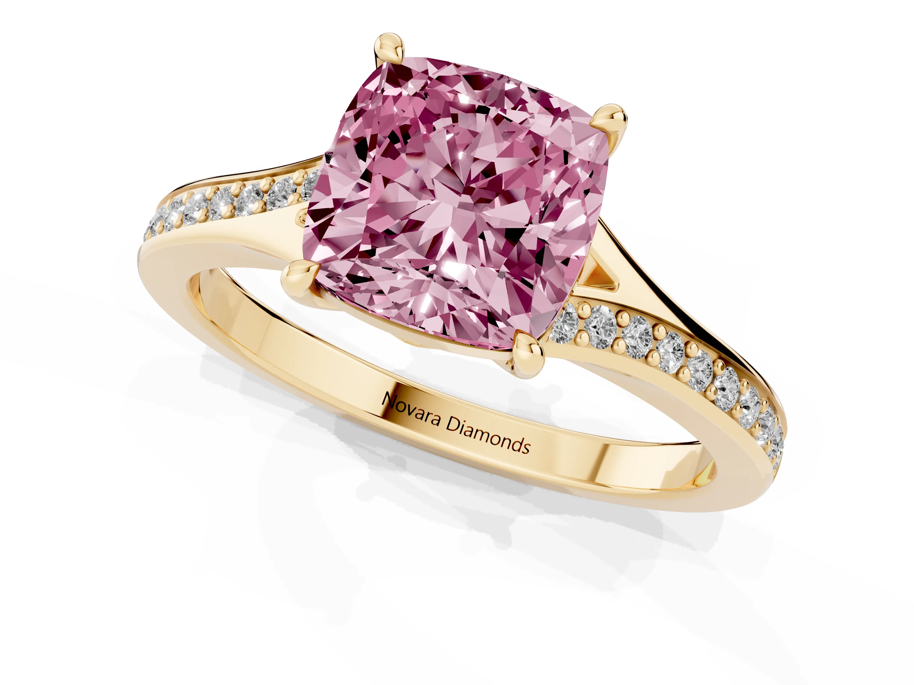 Fancy Pink Cushion Cut Diamond Solitaire Ring Set in Yellow gold with Pavé Accent Band and Classic Prong Setting