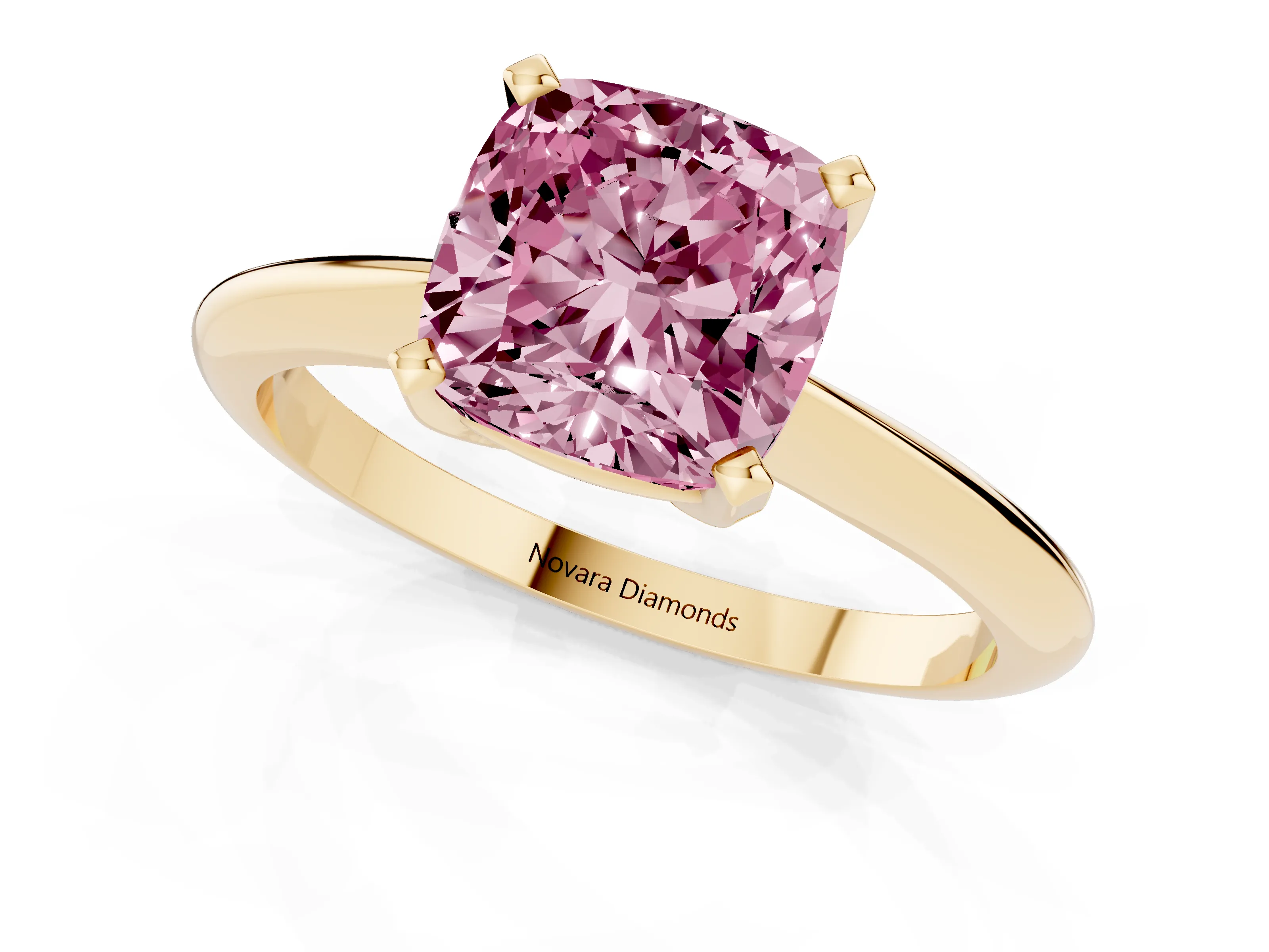 Fancy Pink Cushion Cut Diamond Solitaire Ring Set in Yellow gold with Prong Setting on a Plain Round Band