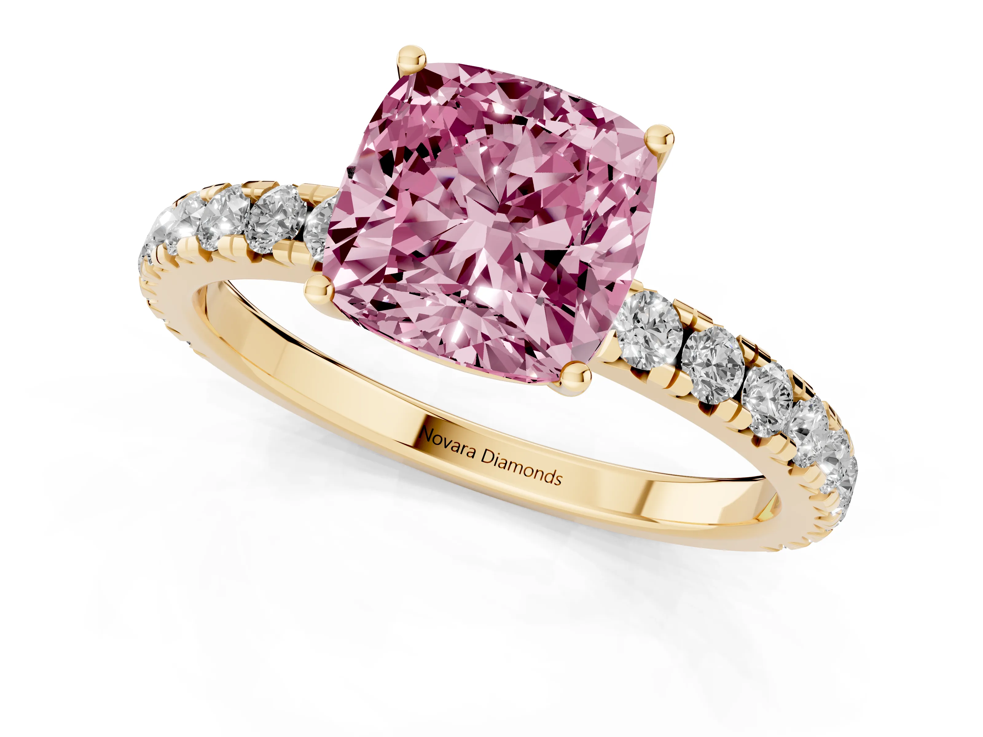 Fancy Pink Cushion Cut Diamond Pavé Solitaire Engagement Ring Set in Yellow gold with Prong Setting