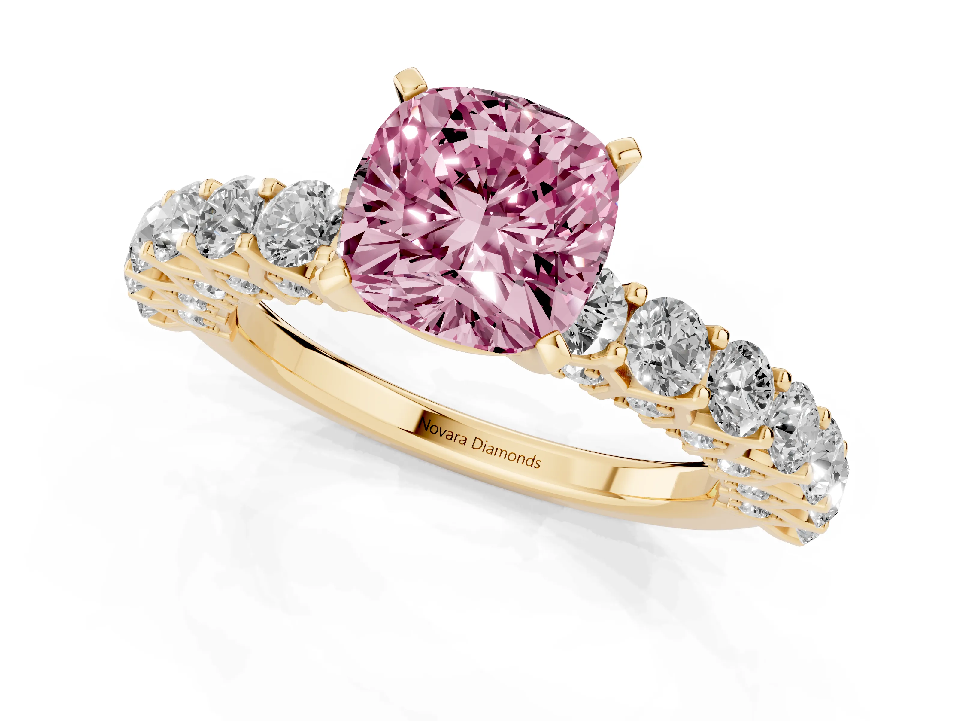 Fancy Pink Cushion Cut Diamond Solitaire Ring Set in Yellow gold with Shared Prong Pavé Band