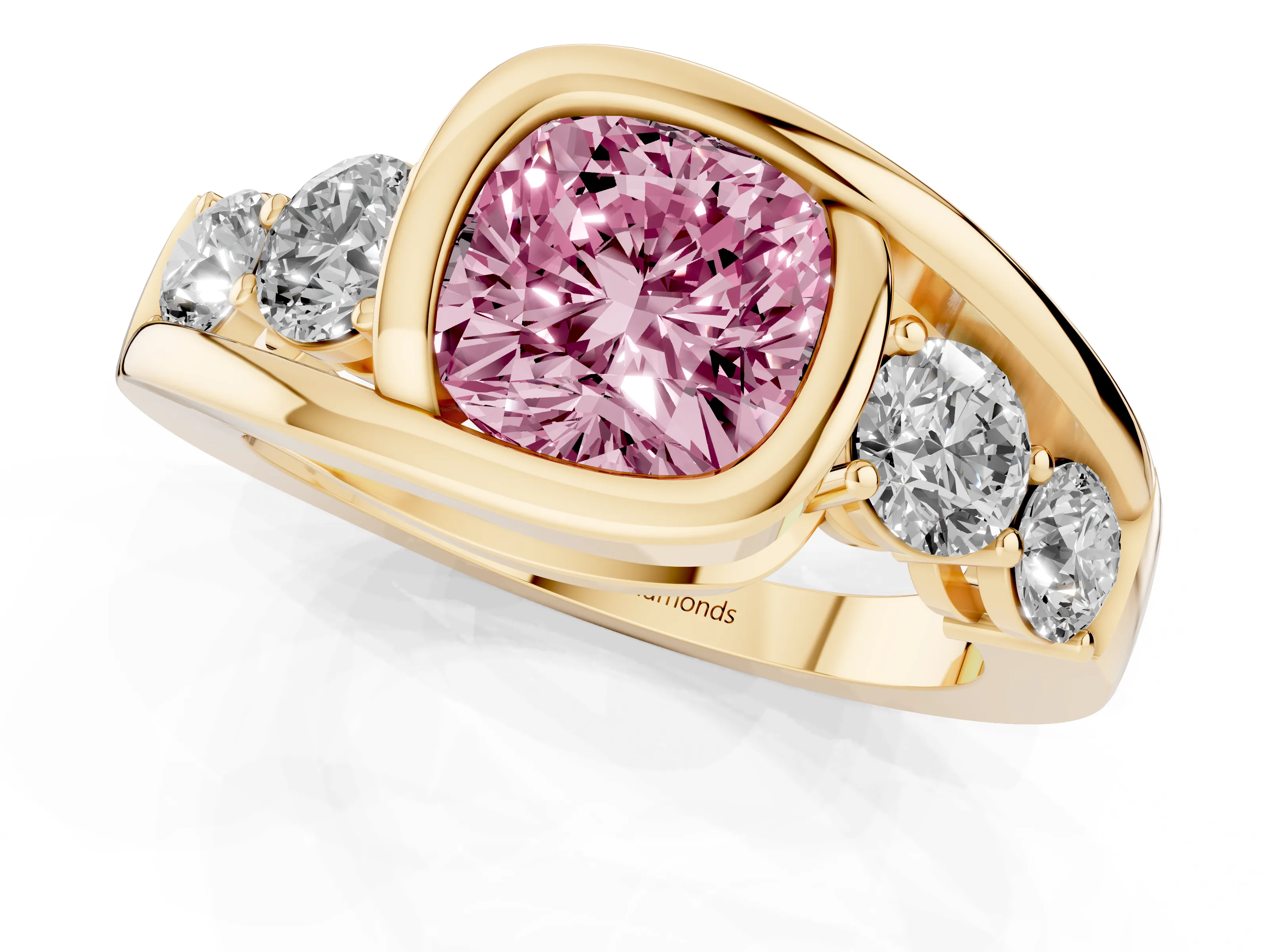 Fancy Pink Cushion Cut Diamond Bezel Bypass Ring Set in Yellow gold with Round Accents