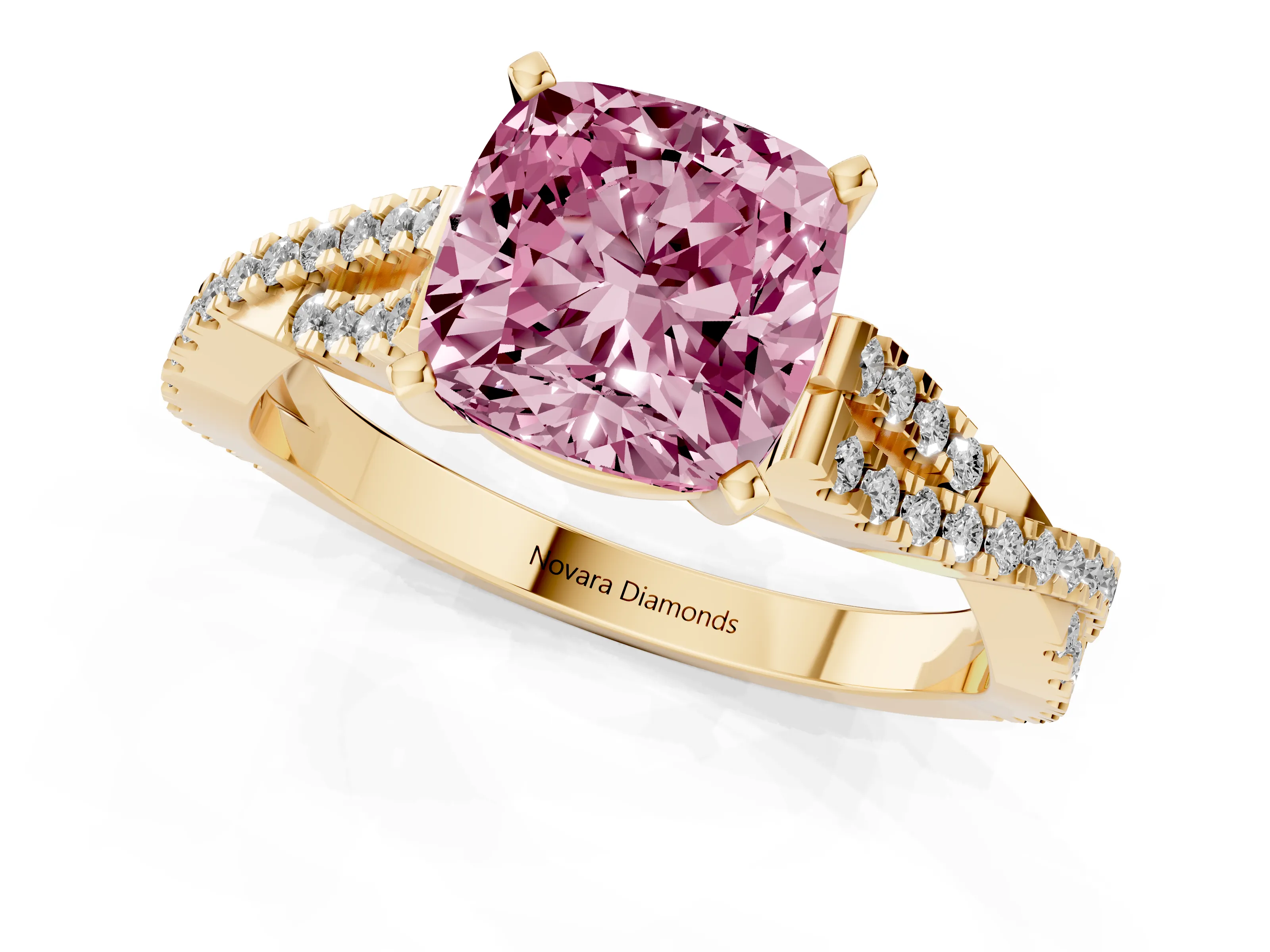 Fancy Pink Cushion Cut Diamond Solitaire Engagement Ring Set in Yellow gold with Twisted Pavé Band and Prong Setting