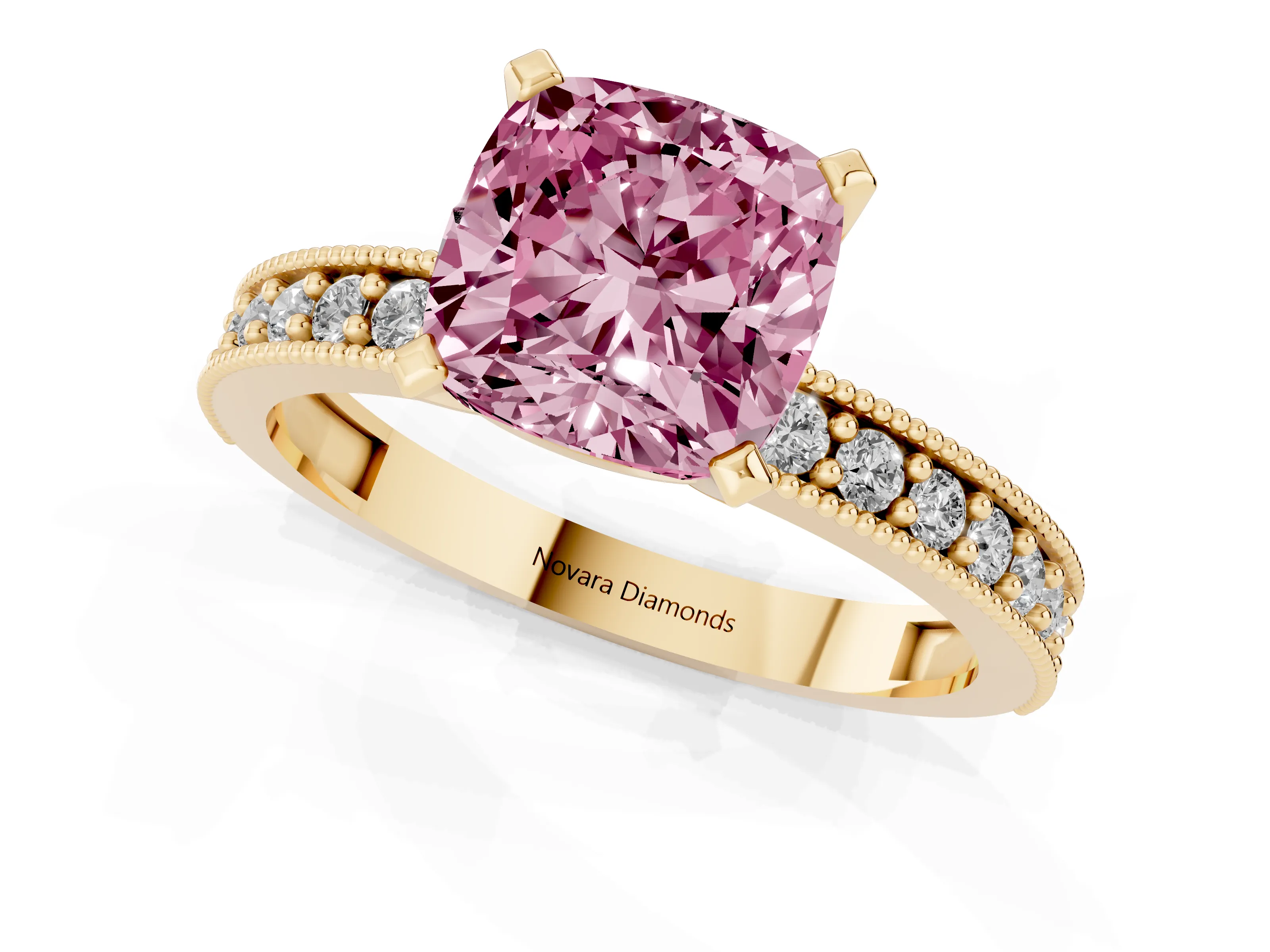 Fancy Pink Cushion Cut Diamond Milgrain Pavé Engagement Ring Set in Yellow gold with Prong Setting
