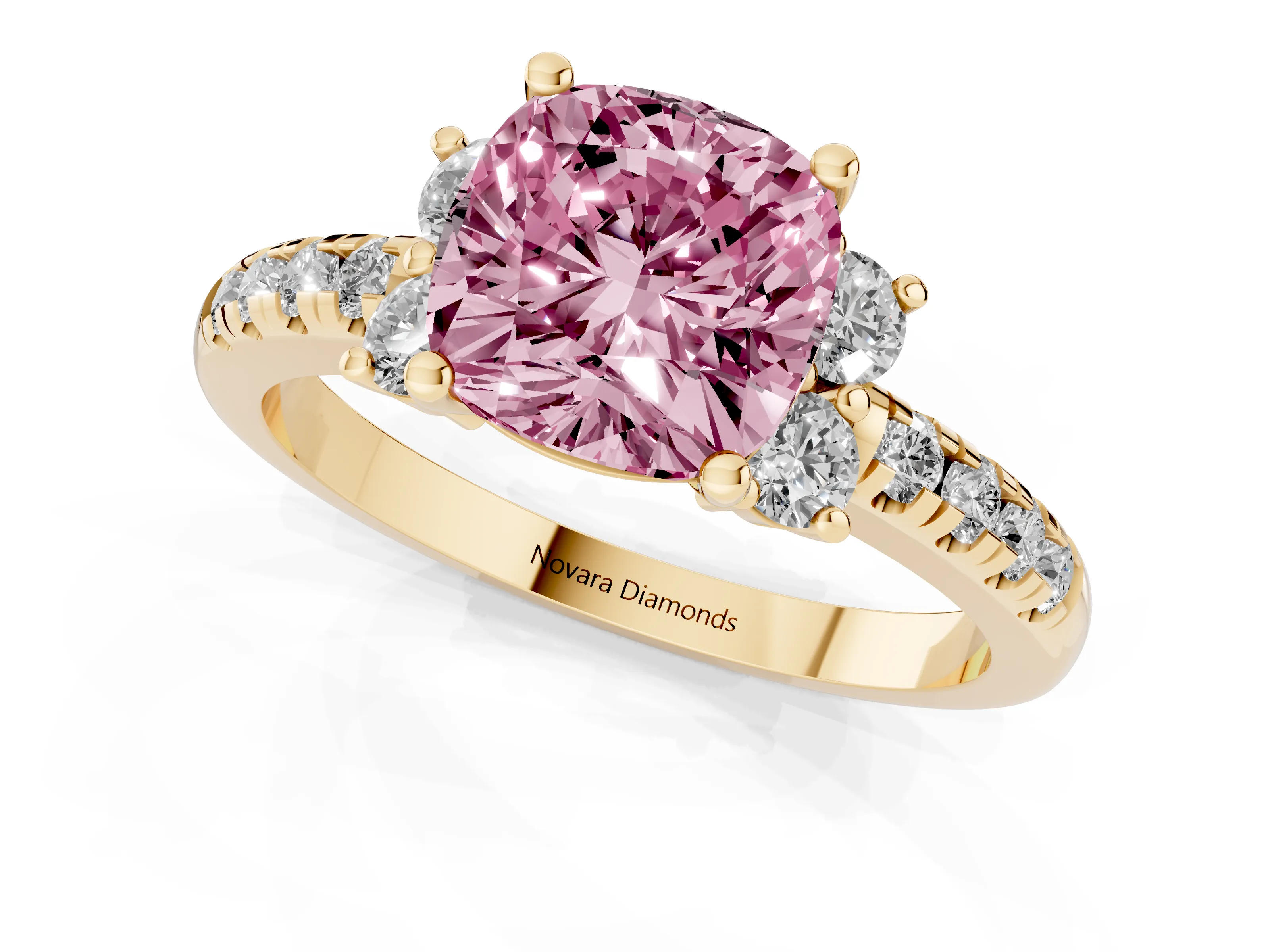 Fancy Pink Cushion Cut Diamond Three-Stone Pavé Ring Set in Yellow gold with Prong Setting