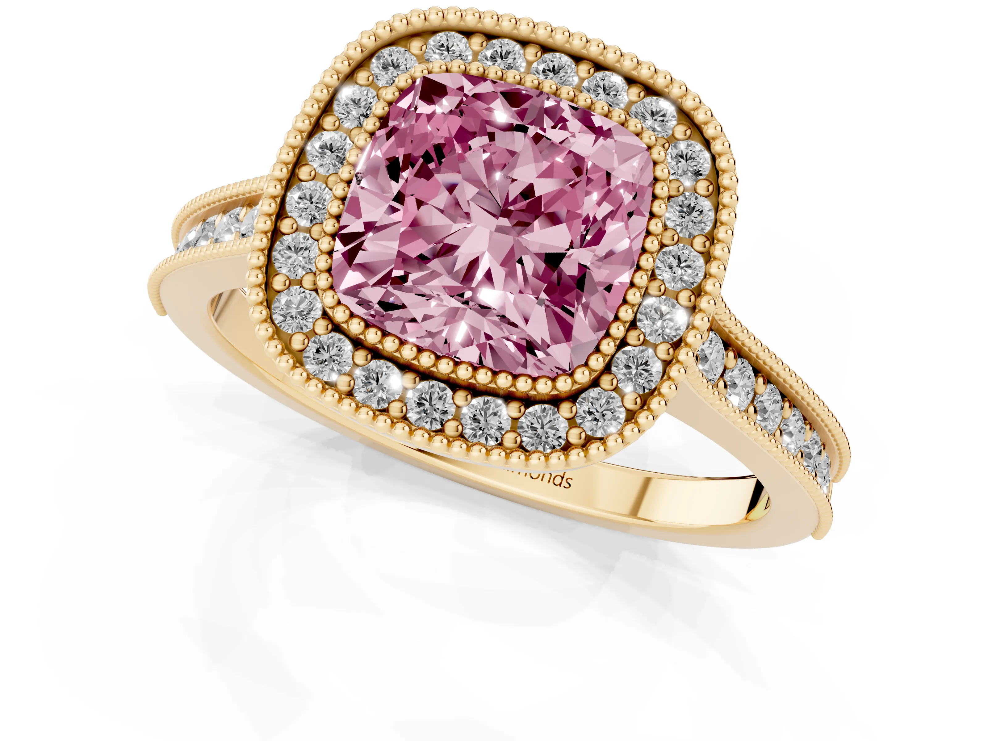 Fancy Pink Cushion Cut Diamond Halo Milgrain Pavé Band Ring Set in Yellow gold with Prong Setting