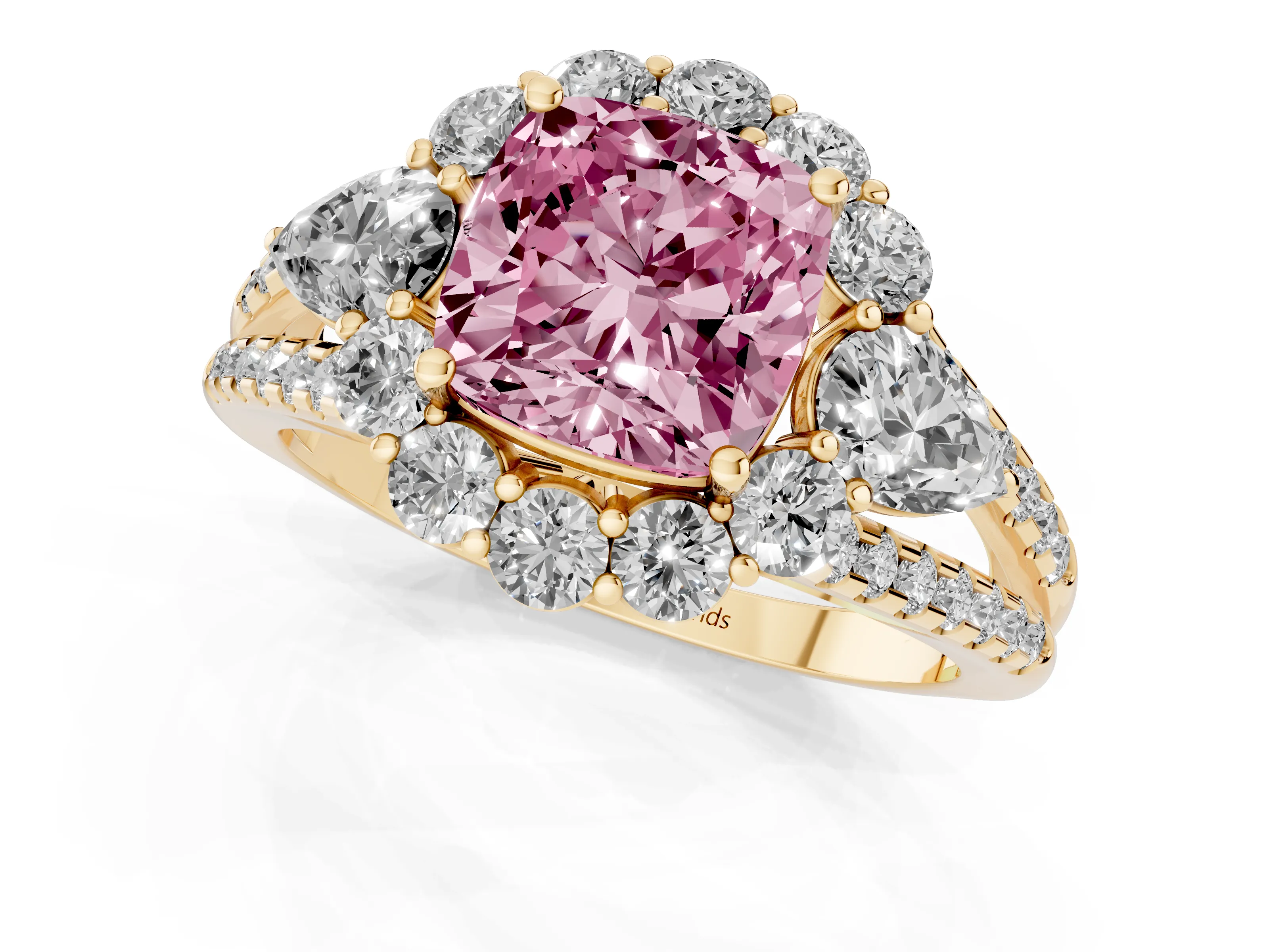 Fancy Pink Cushion Cut Diamond Halo Split Shank Engagement Ring Set in Yellow gold with Prong-Held Center Stone