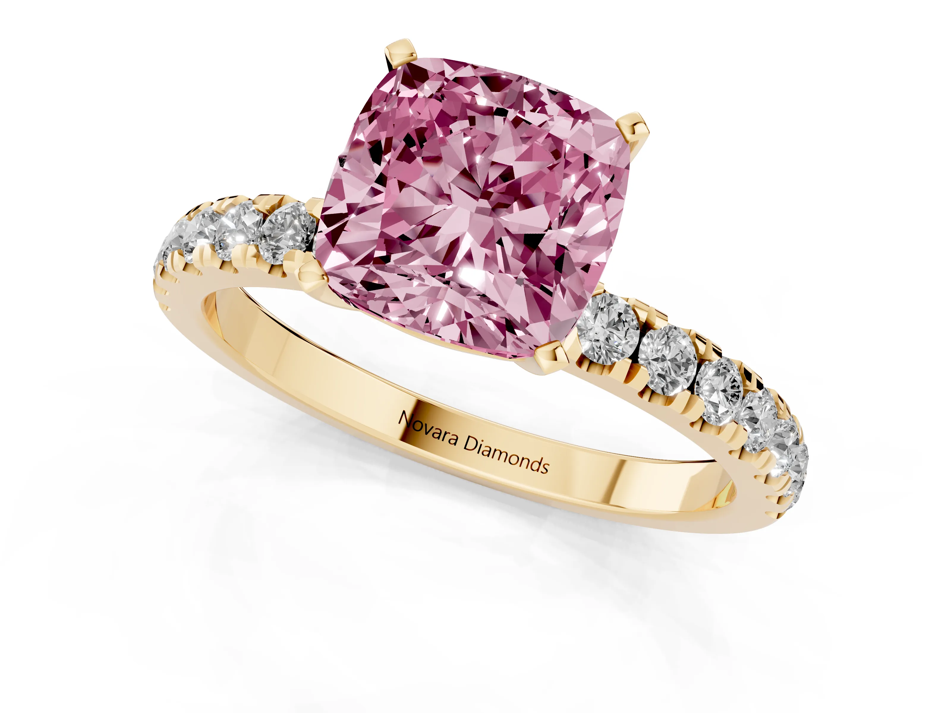 Fancy Pink Cushion Cut Diamond Solitaire Ring Set in Yellow gold with Pavé Accents and Prong Setting