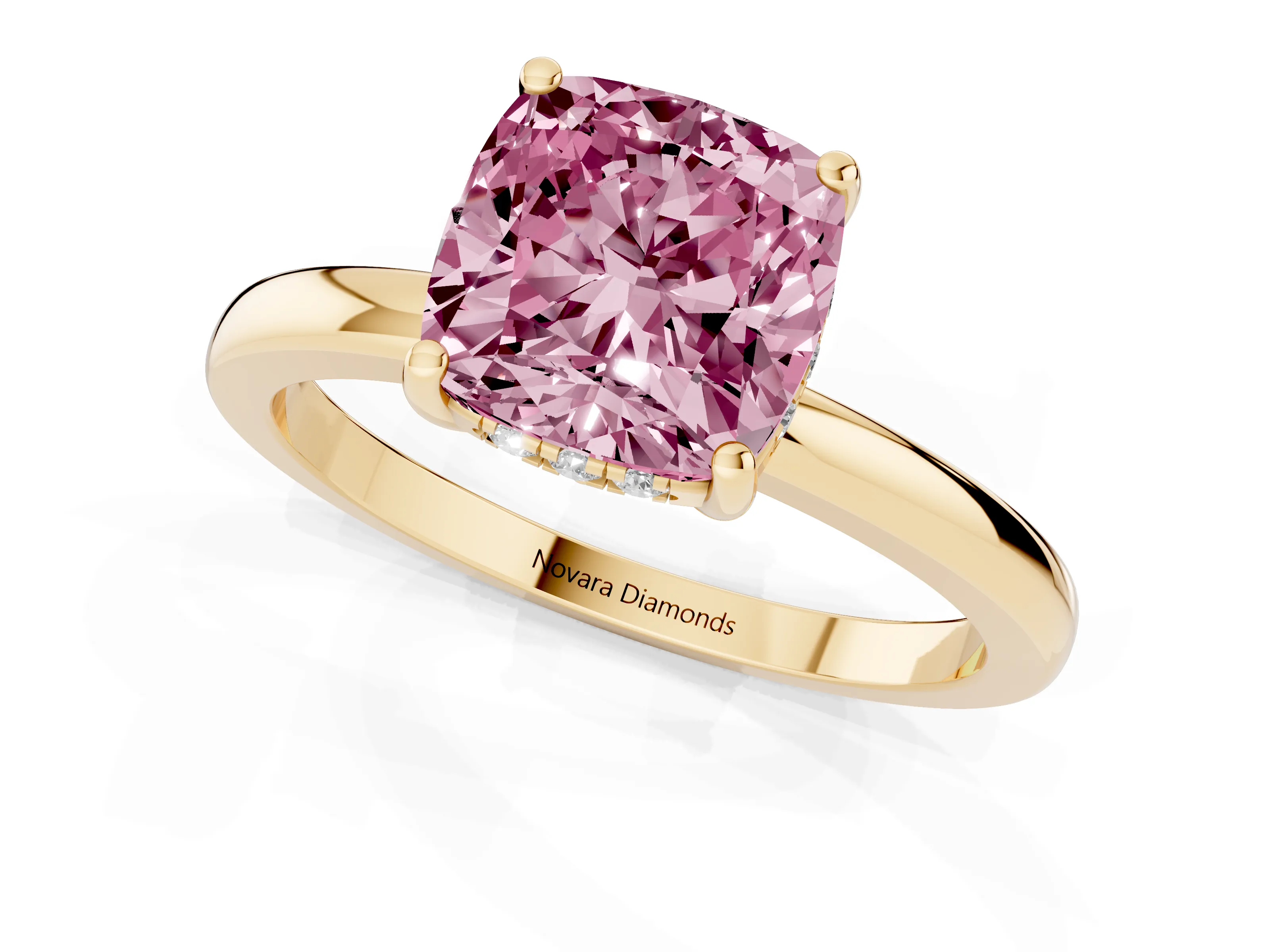 Fancy Pink Cushion Cut Diamond Solitaire Ring Set in Yellow gold with Plain Band and Prong Setting