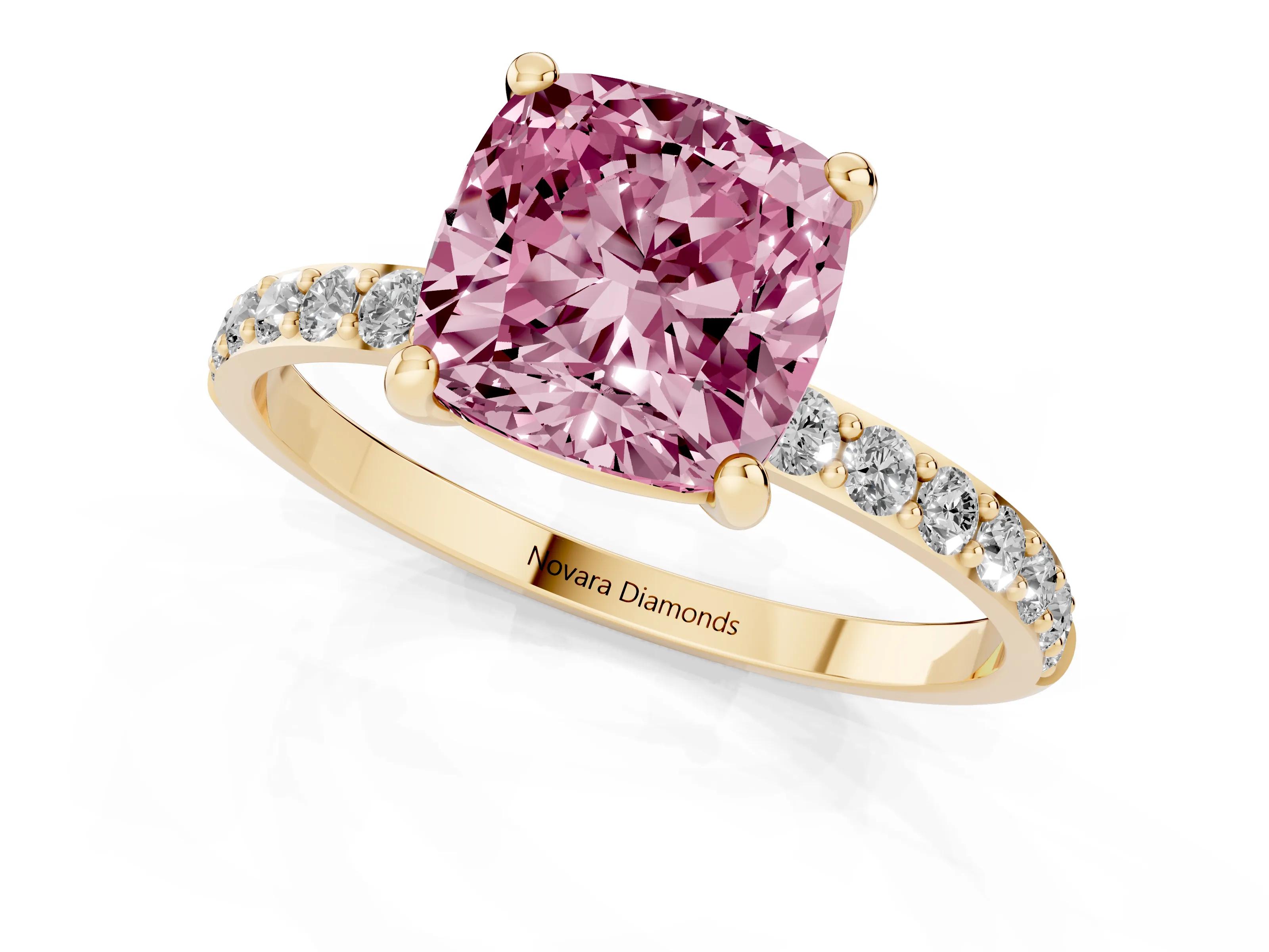 Fancy Pink Cushion Cut Diamond Solitaire Ring Set in Yellow gold with Round Pavé Band and Prong Setting