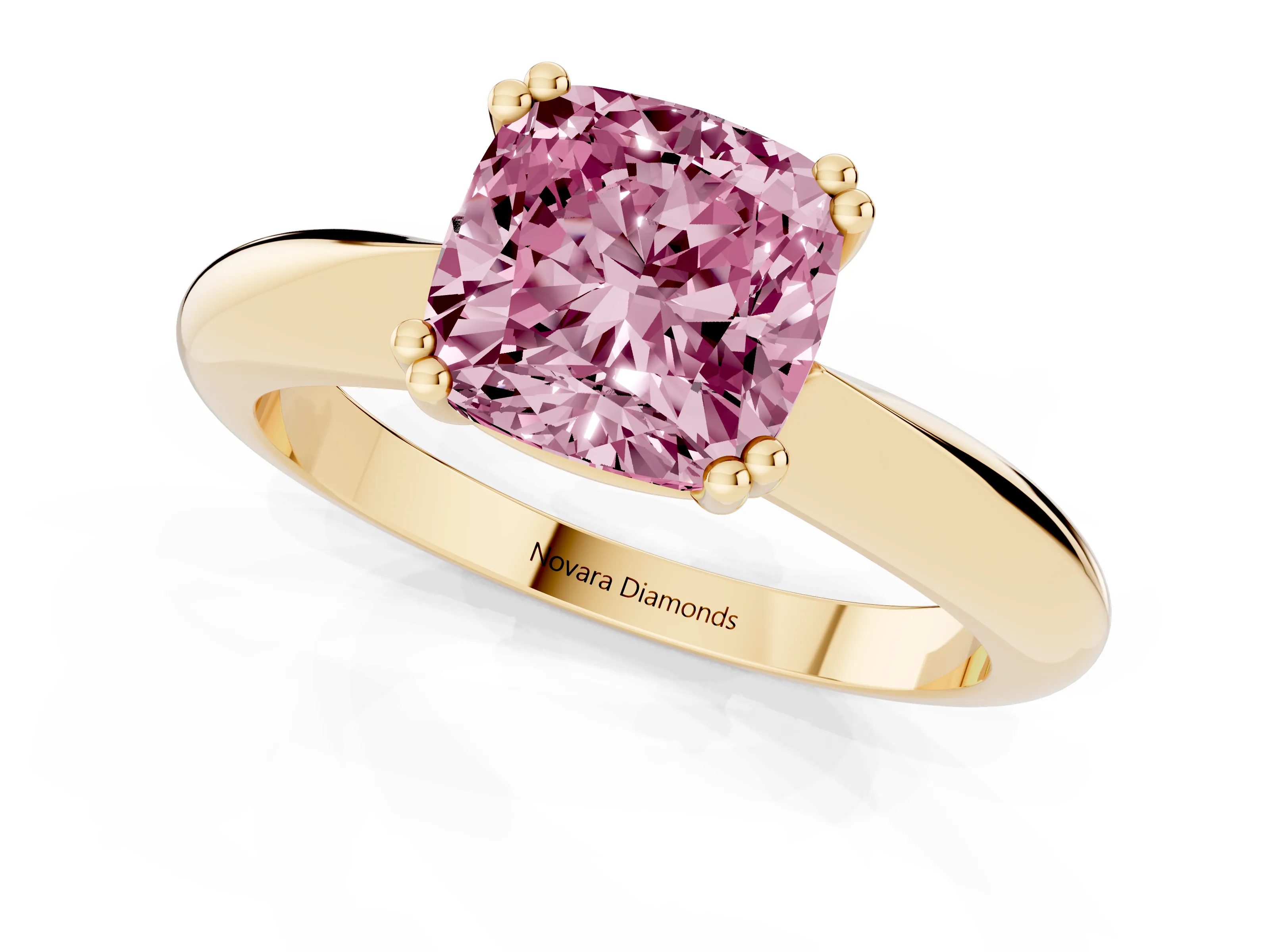Fancy Pink Cushion Cut Diamond Solitaire Engagement Ring Set in Yellow gold with Tapered Band and Prong Setting