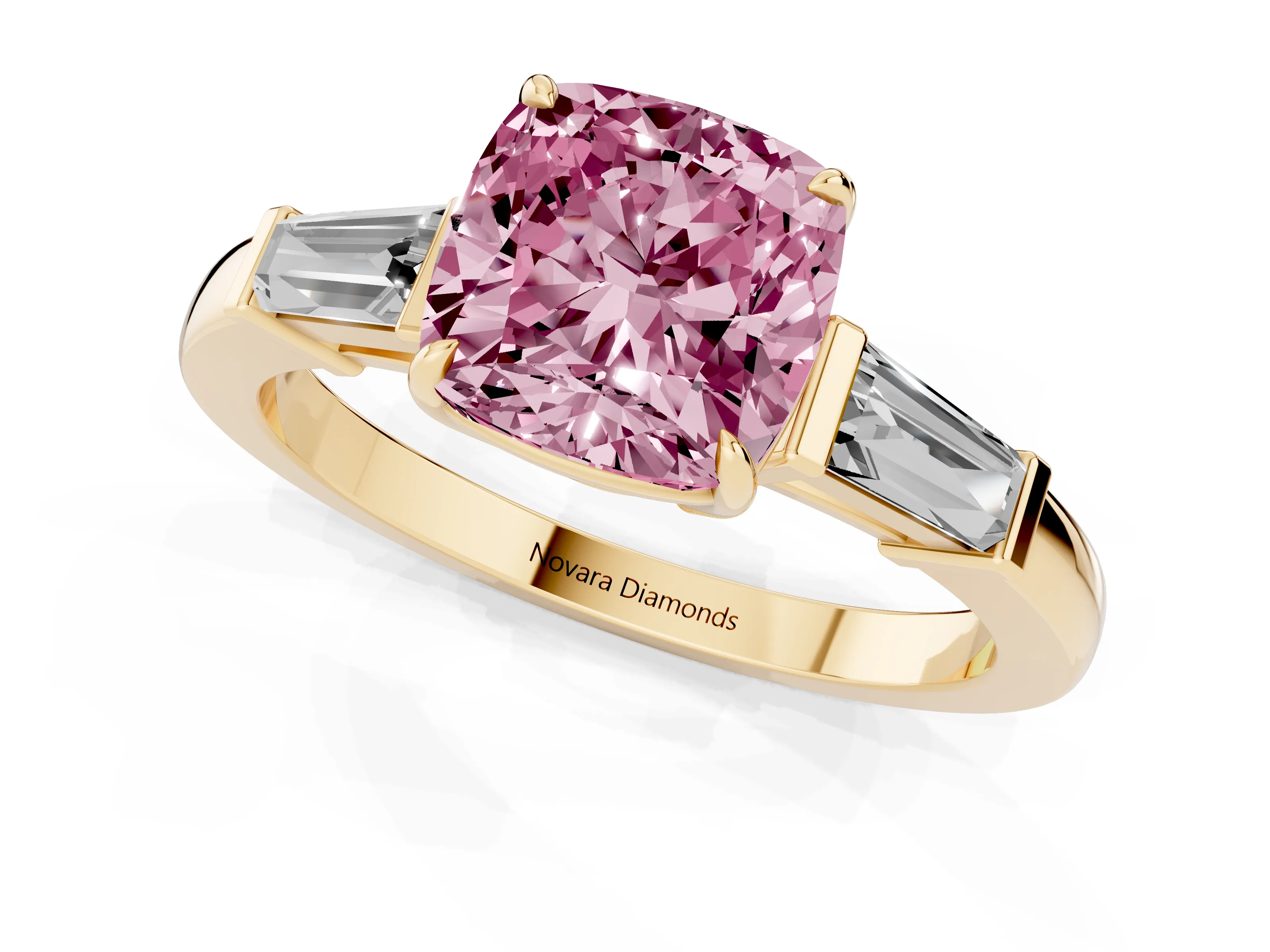 Fancy Pink Cushion Cut Diamond Three-Stone Ring Set in Yellow gold with Tapered Baguette Side Stones and Prong Setting
