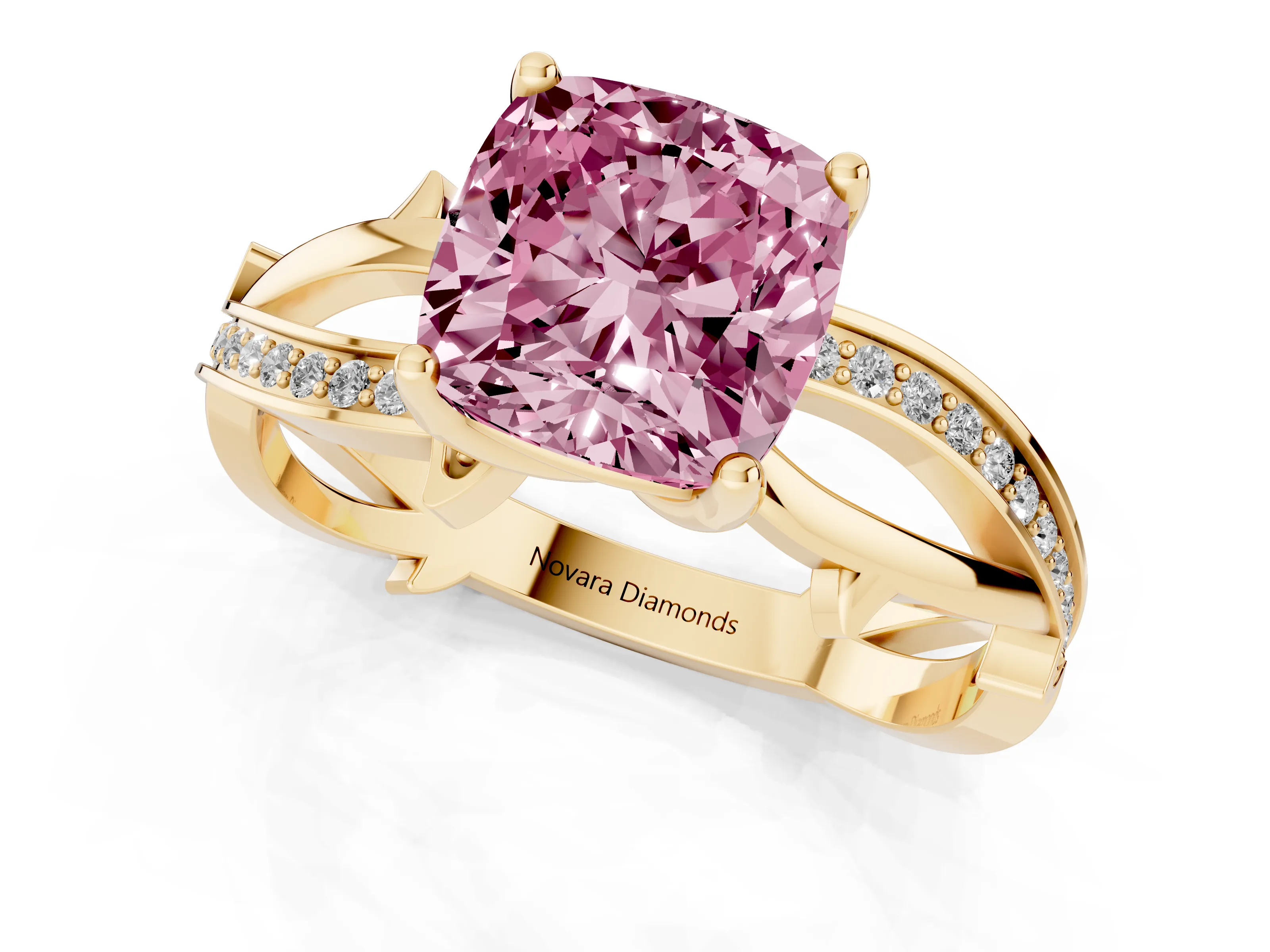 Fancy Pink Cushion Cut Diamond Pavé Twist Band Solitaire Ring Set in Yellow gold with Prong Setting