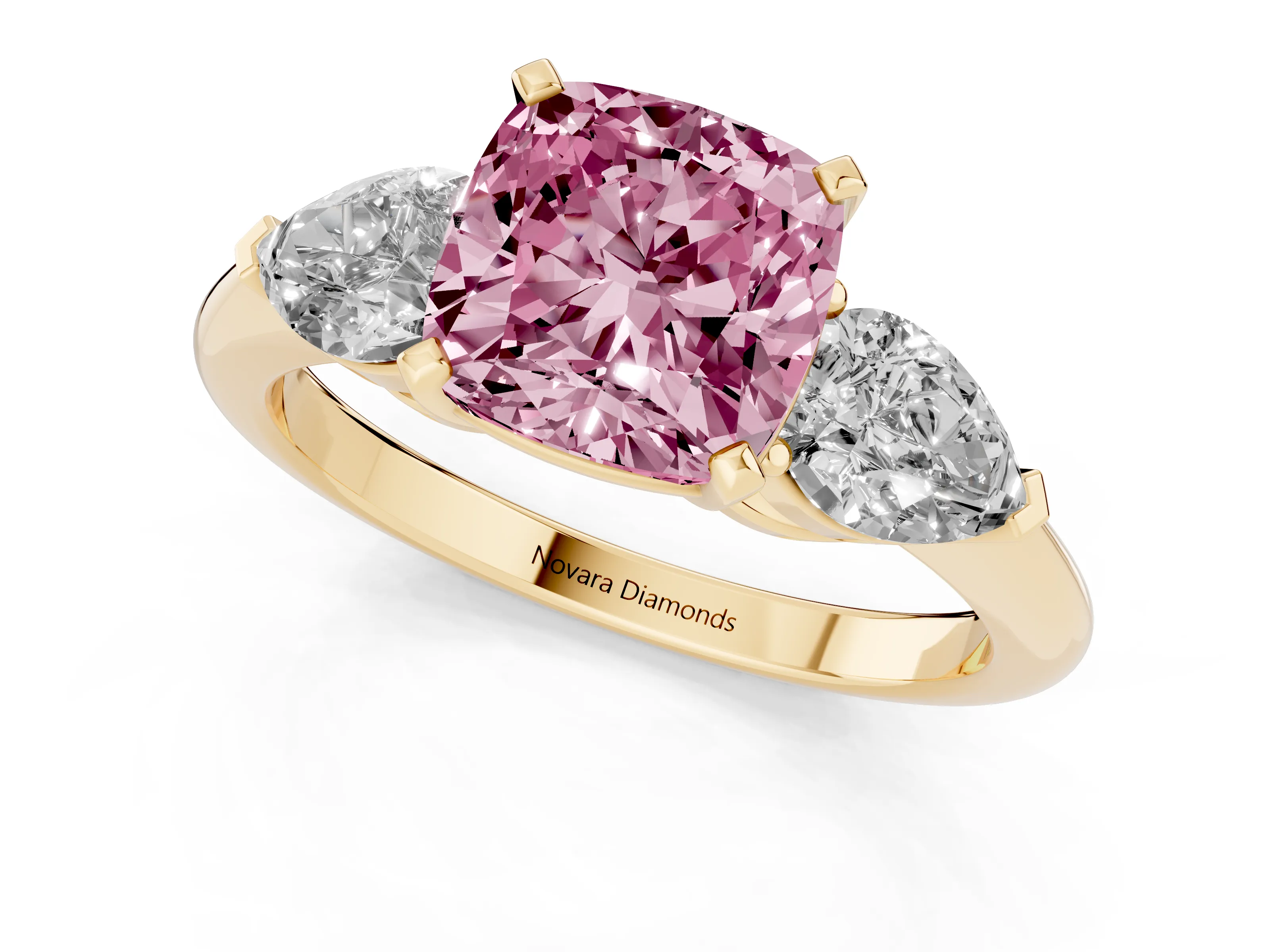 Fancy Pink Three-Stone Cushion Cut Diamond Ring Set in Yellow gold with Pear Side Stones and Prong Setting