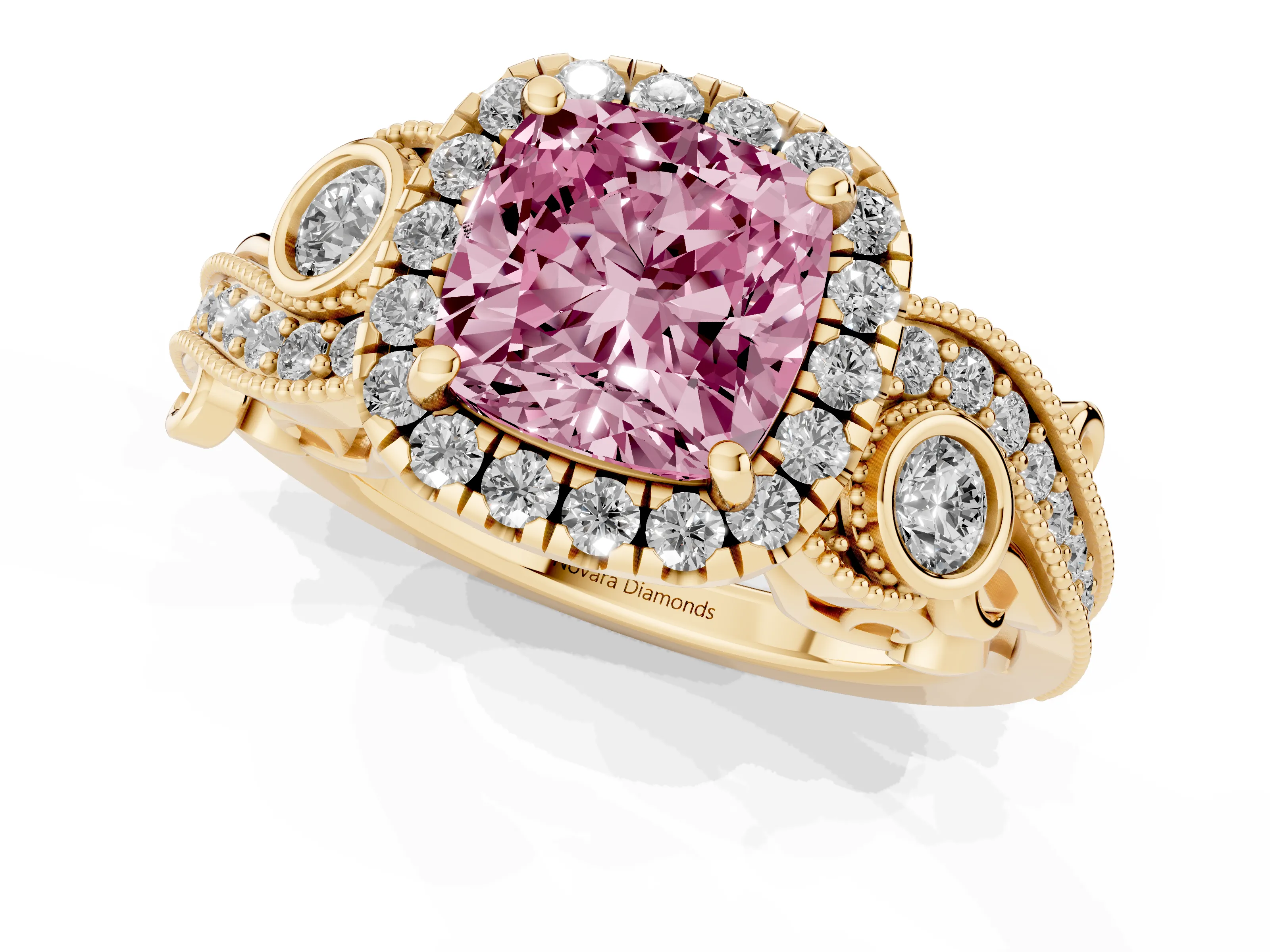 Fancy Pink Cushion Cut Diamond Halo Ring Set in Yellow gold with Milgrain Pavé Band and Prong Setting