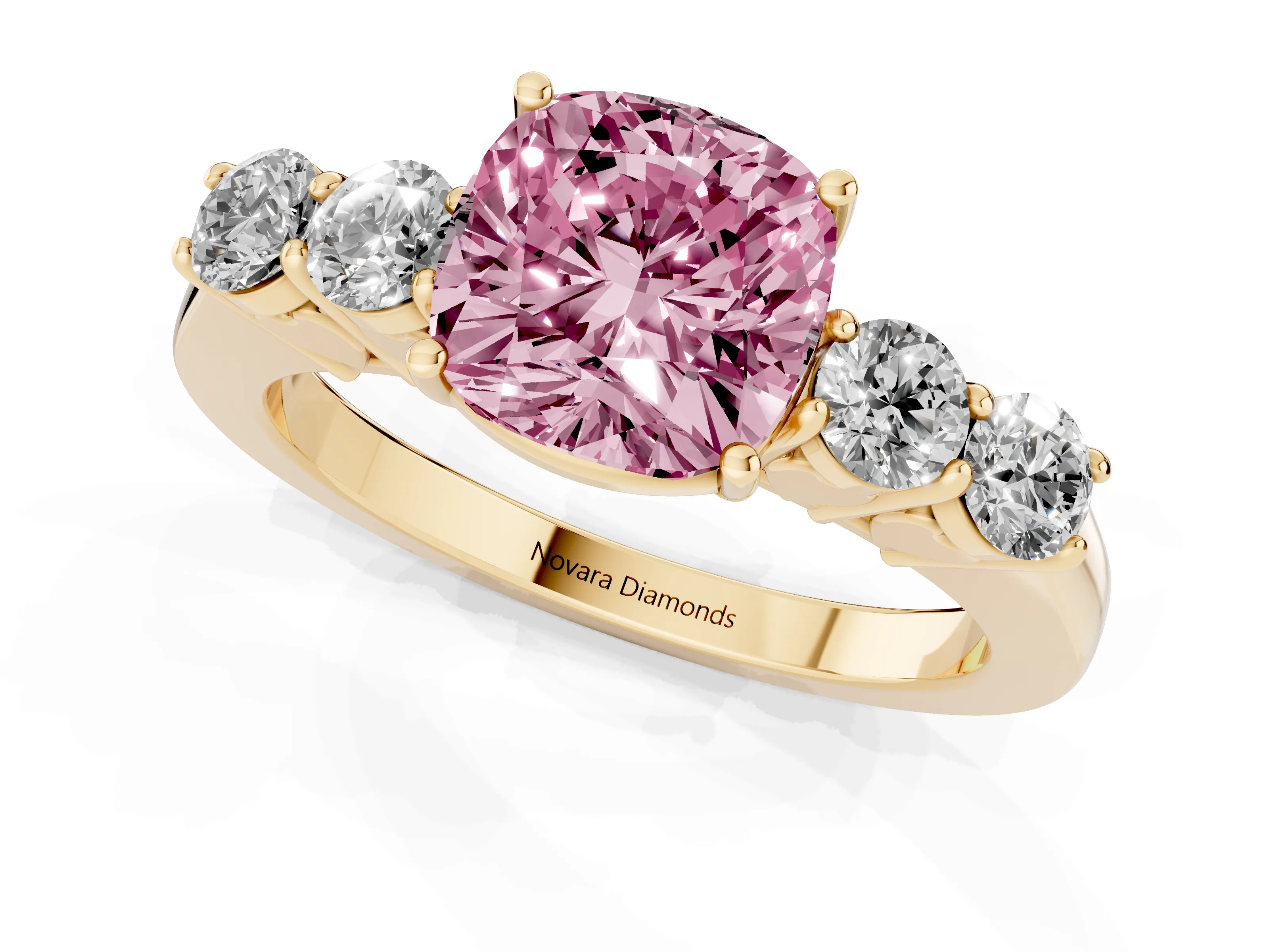 Fancy Pink Cushion Cut Diamond Five-Stone Prong Set Band Ring Set in Yellow gold with Polished Band
