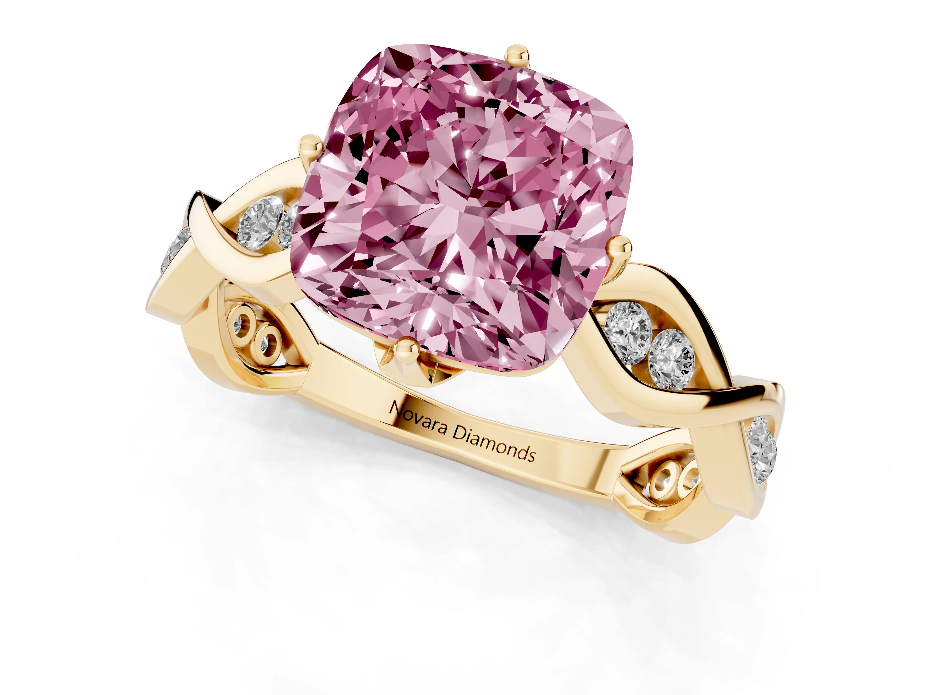 Fancy Pink Cushion Cut Diamond Twist Band Solitaire Ring Set in Yellow gold with Leaf Prong Setting and Accent Stones
