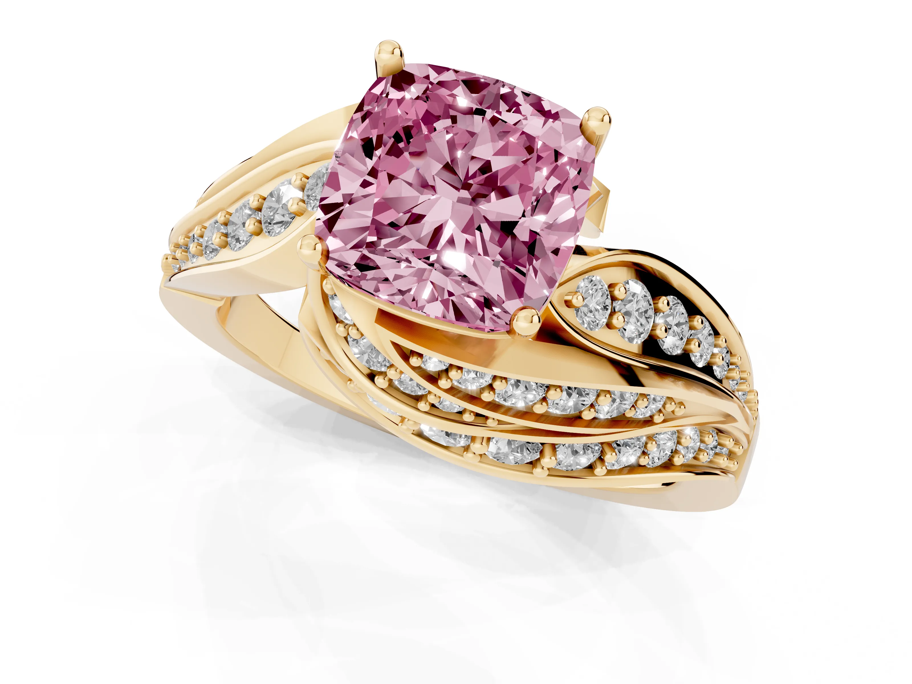 Fancy Pink Cushion Cut Diamond Solitaire Ring Set in Yellow gold with Layered Twist Pavé Band