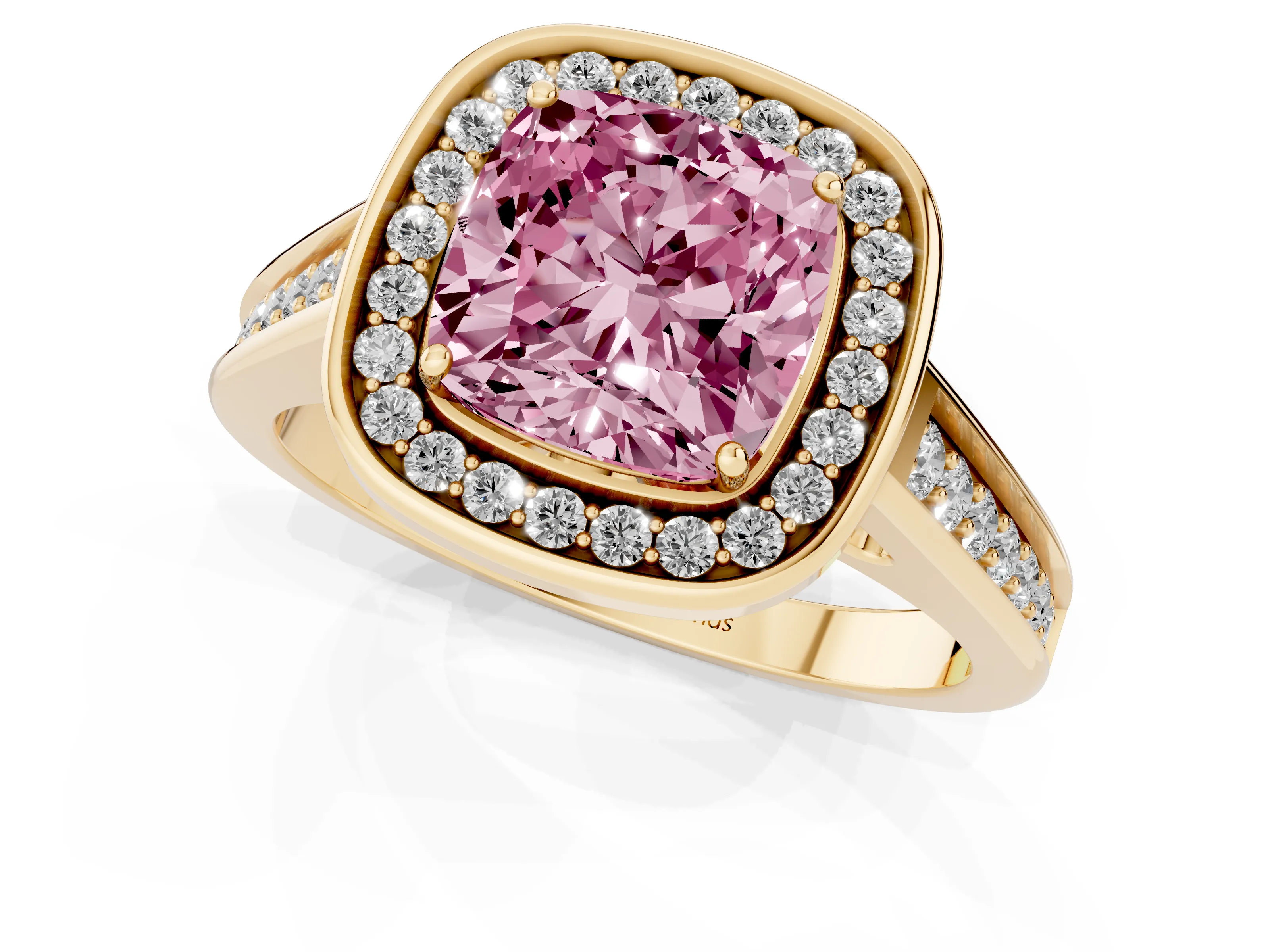 Fancy Pink Cushion Cut Diamond Halo Solitaire Ring Set in Yellow gold with Pavé Band and Bezel Setting