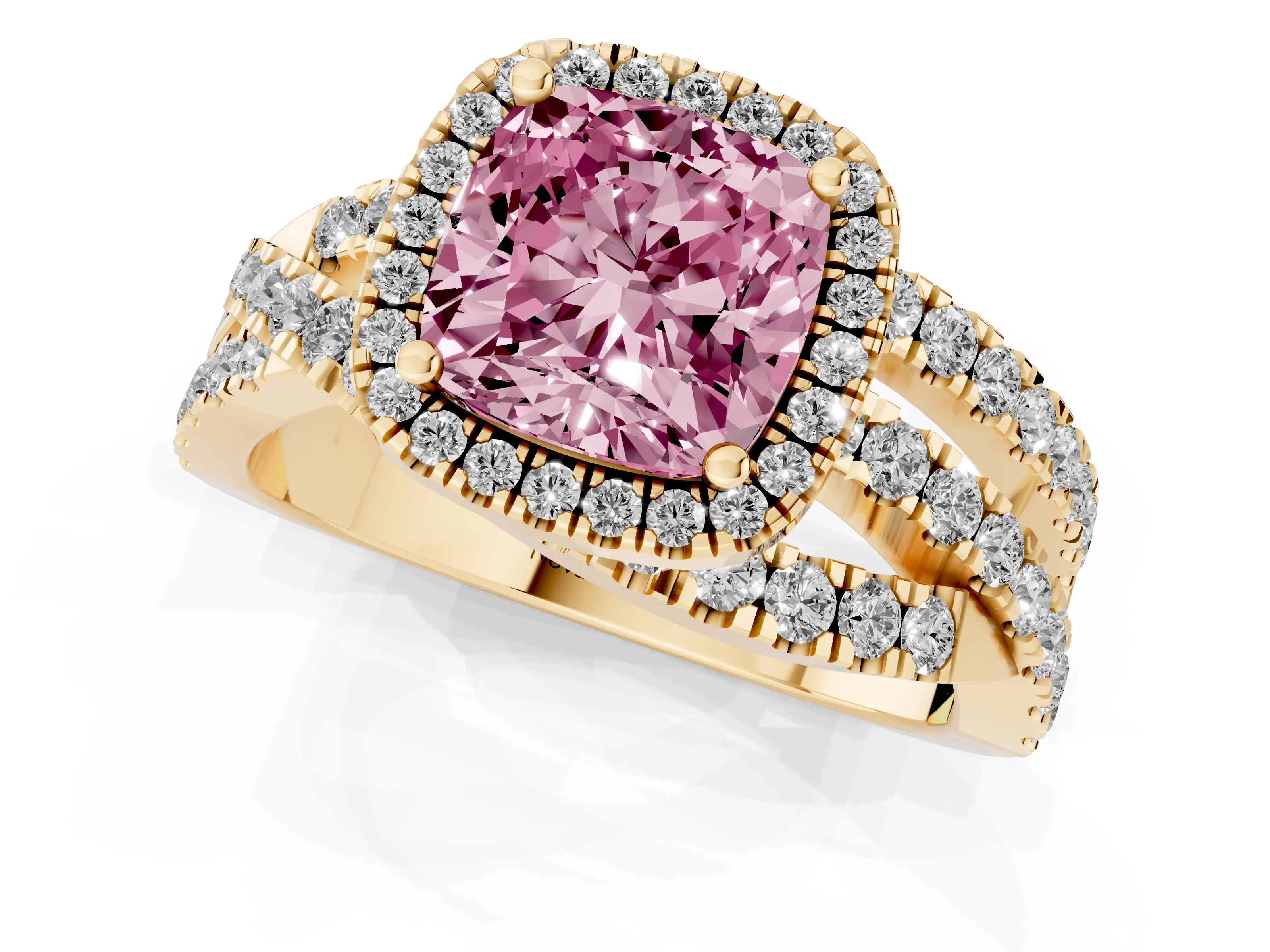 Fancy Pink Cushion Cut Diamond Halo Ring Set in Yellow gold with Round Crossover Split Shank and Prong Setting