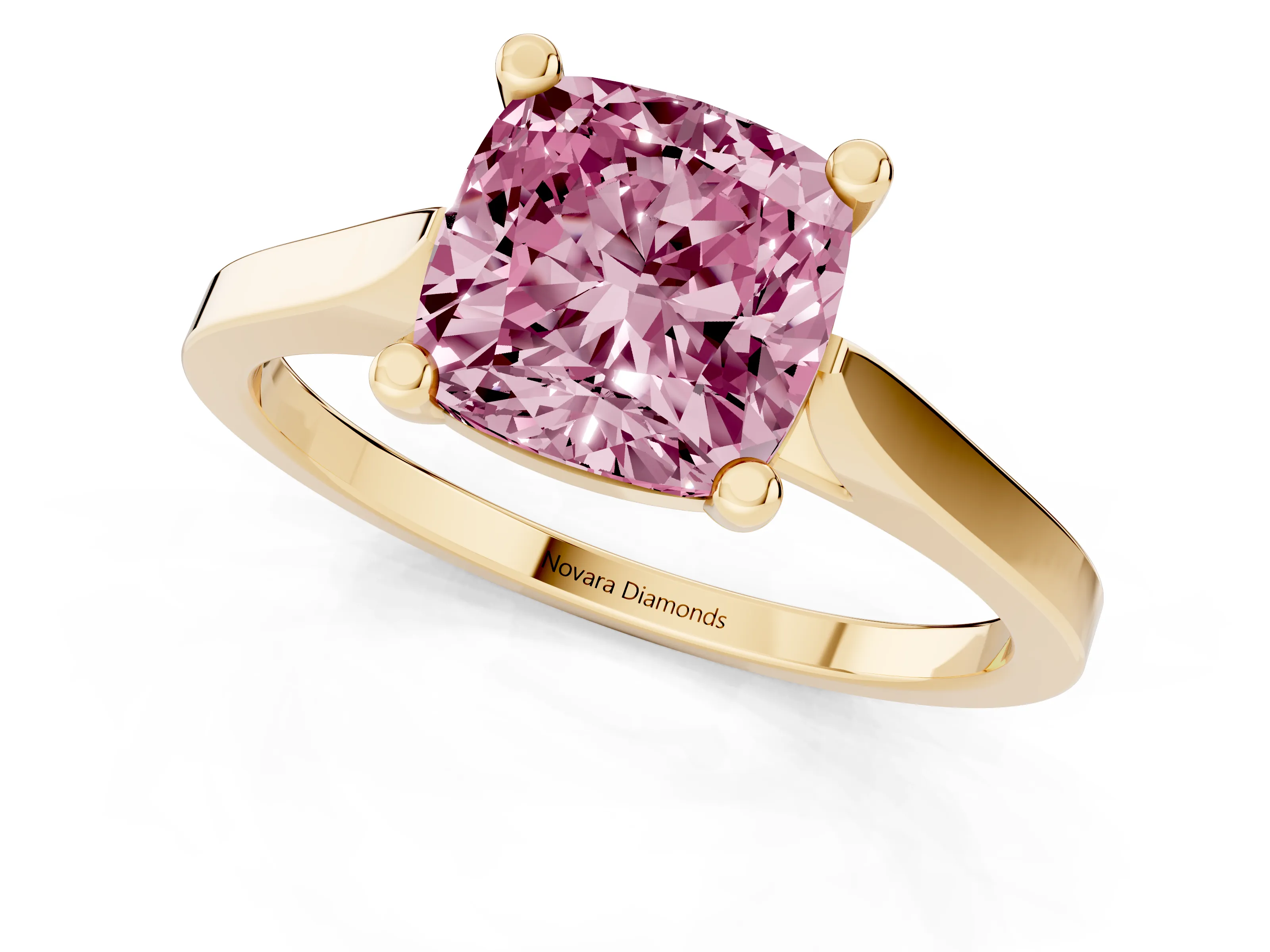 Fancy Pink Cushion Cut Diamond Solitaire Ring Set in Yellow gold with Prong Setting and Tapered Band