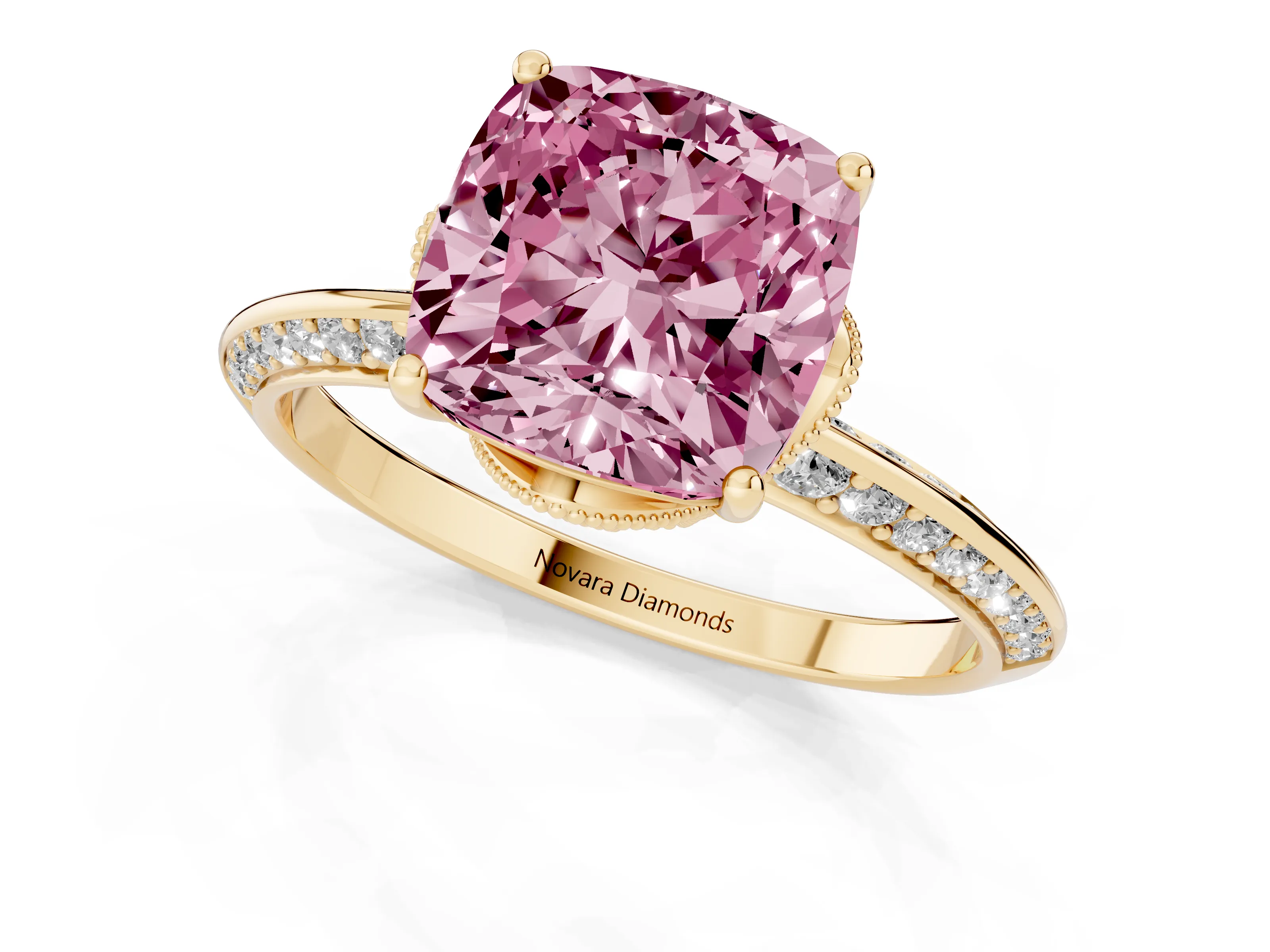 Fancy Pink Cushion Cut Diamond Solitaire Engagement Ring Set in Yellow gold with Pavé Split Shank and Prong Setting