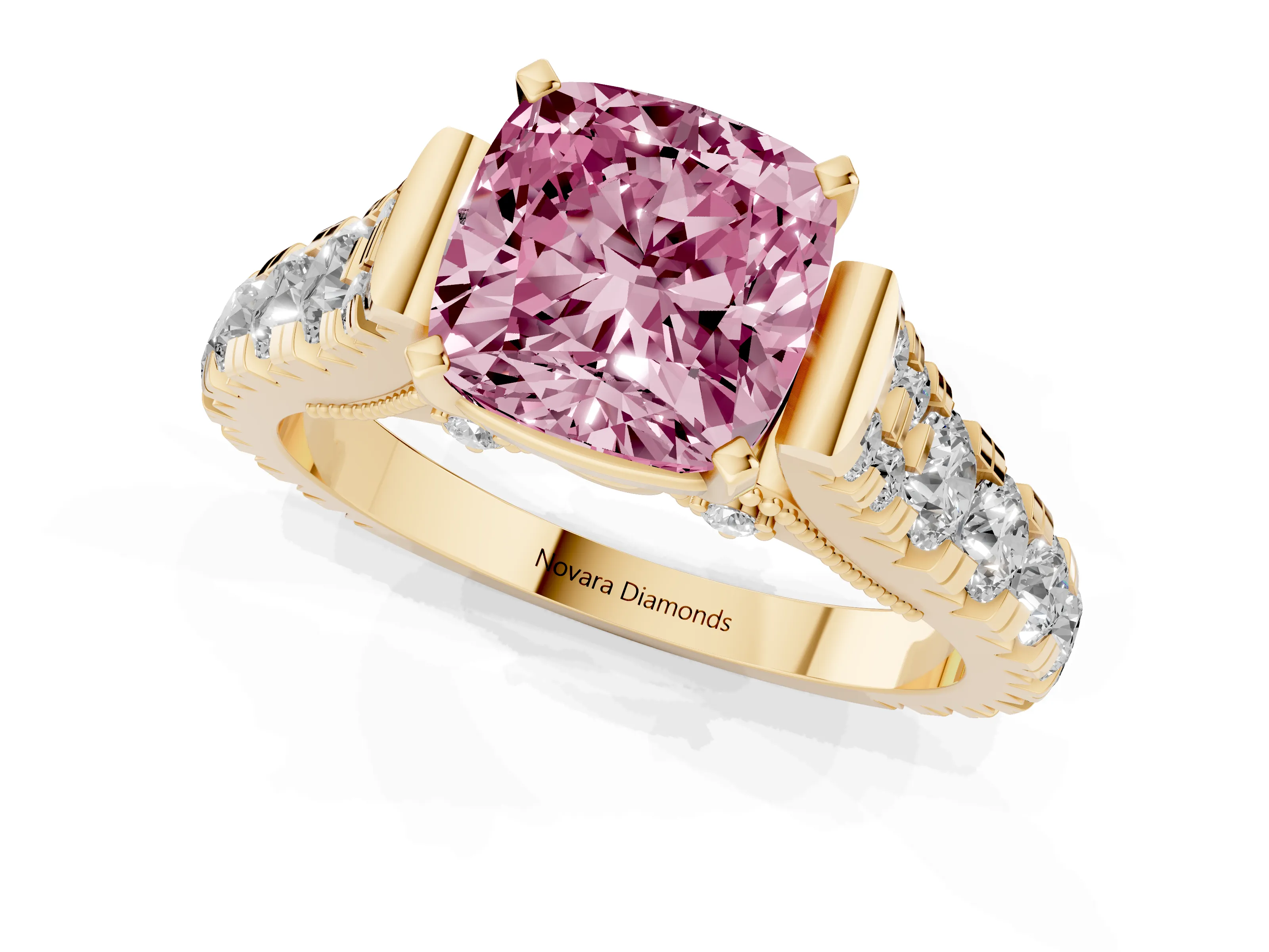 Fancy Pink Cushion Cut Diamond Classic Solitaire Ring Set in Yellow gold with Pavé Band and Prong Setting