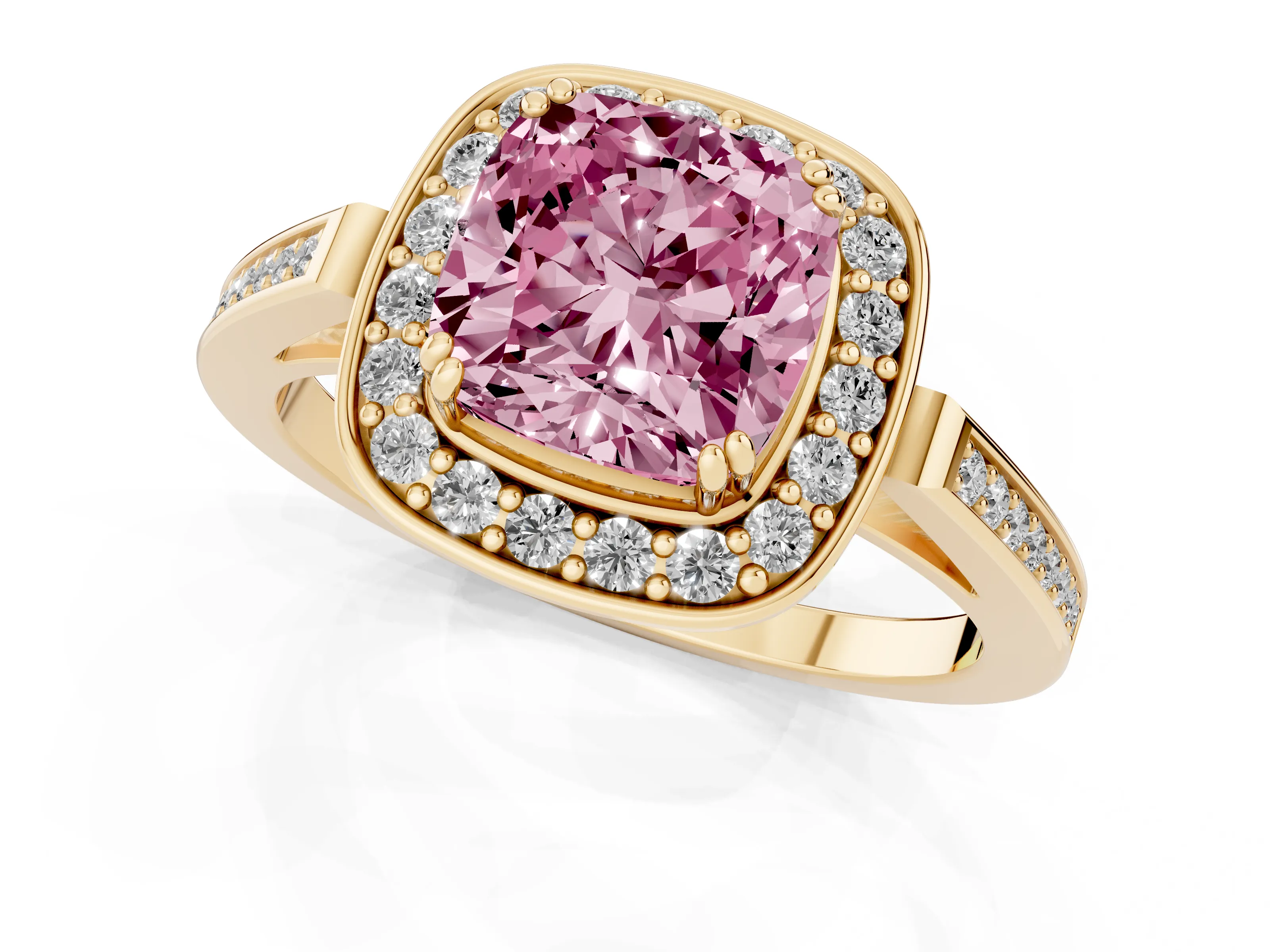 Fancy Pink Cushion Cut Diamond Halo Ring Set in Yellow gold with Accent-Lined Split Shank and Prong Setting