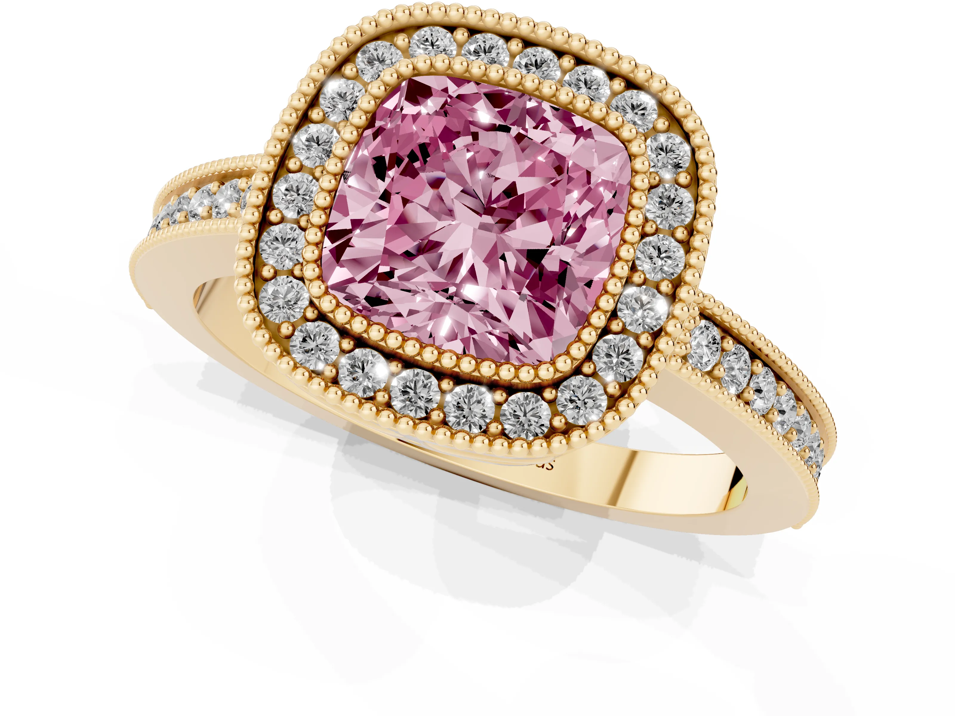 Fancy Pink Cushion Cut Diamond Round Halo Ring Set in Yellow gold with Pavé Band