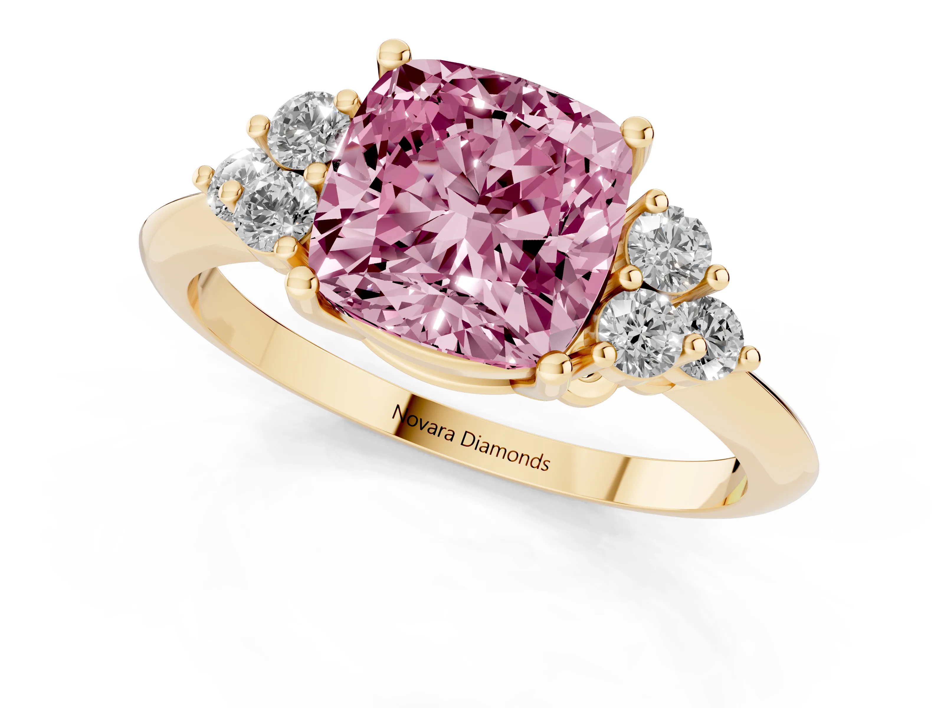 Fancy Pink Cushion Cut Diamond Cluster Ring Set in Yellow gold with Plain Band and Prong Setting