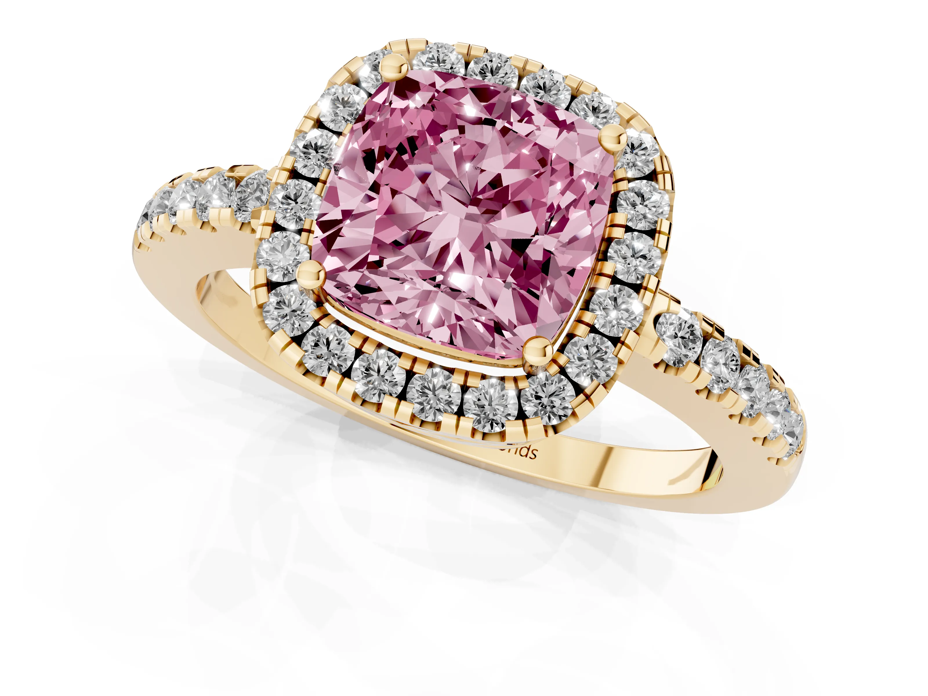 Fancy Pink Cushion Cut Diamond Pavé Band Halo Engagement Ring Set in Yellow gold with Prong Setting