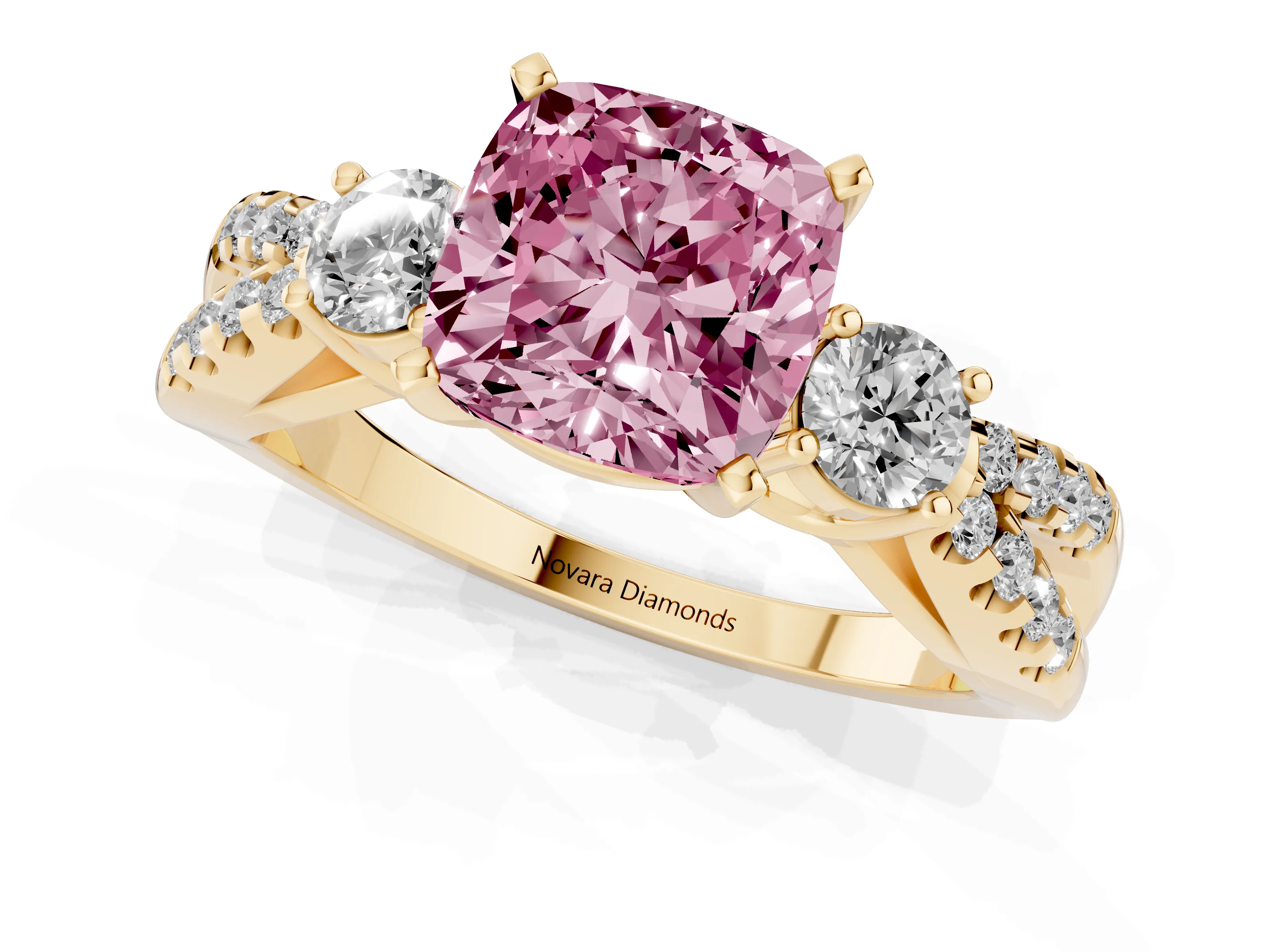 Fancy Pink Cushion Cut Diamond Three-Stone Ring Set in Yellow gold with Pavé Split Shank and Prong Setting