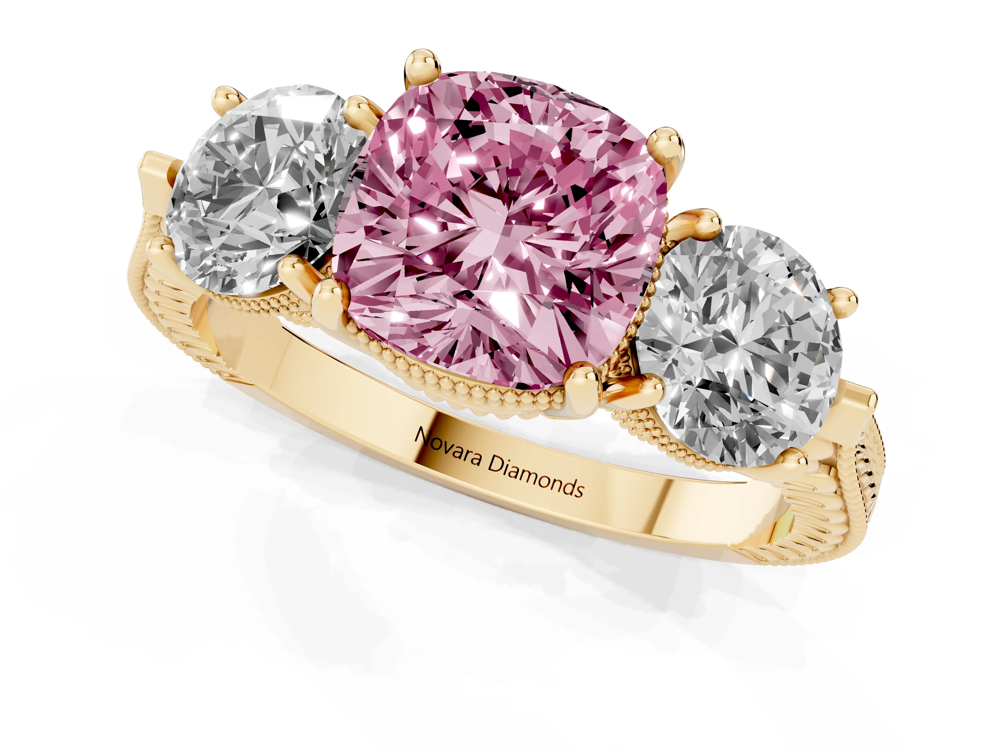 Fancy Pink Cushion Cut Diamond Three-Stone Ring Set in Yellow gold with Milgrain Band