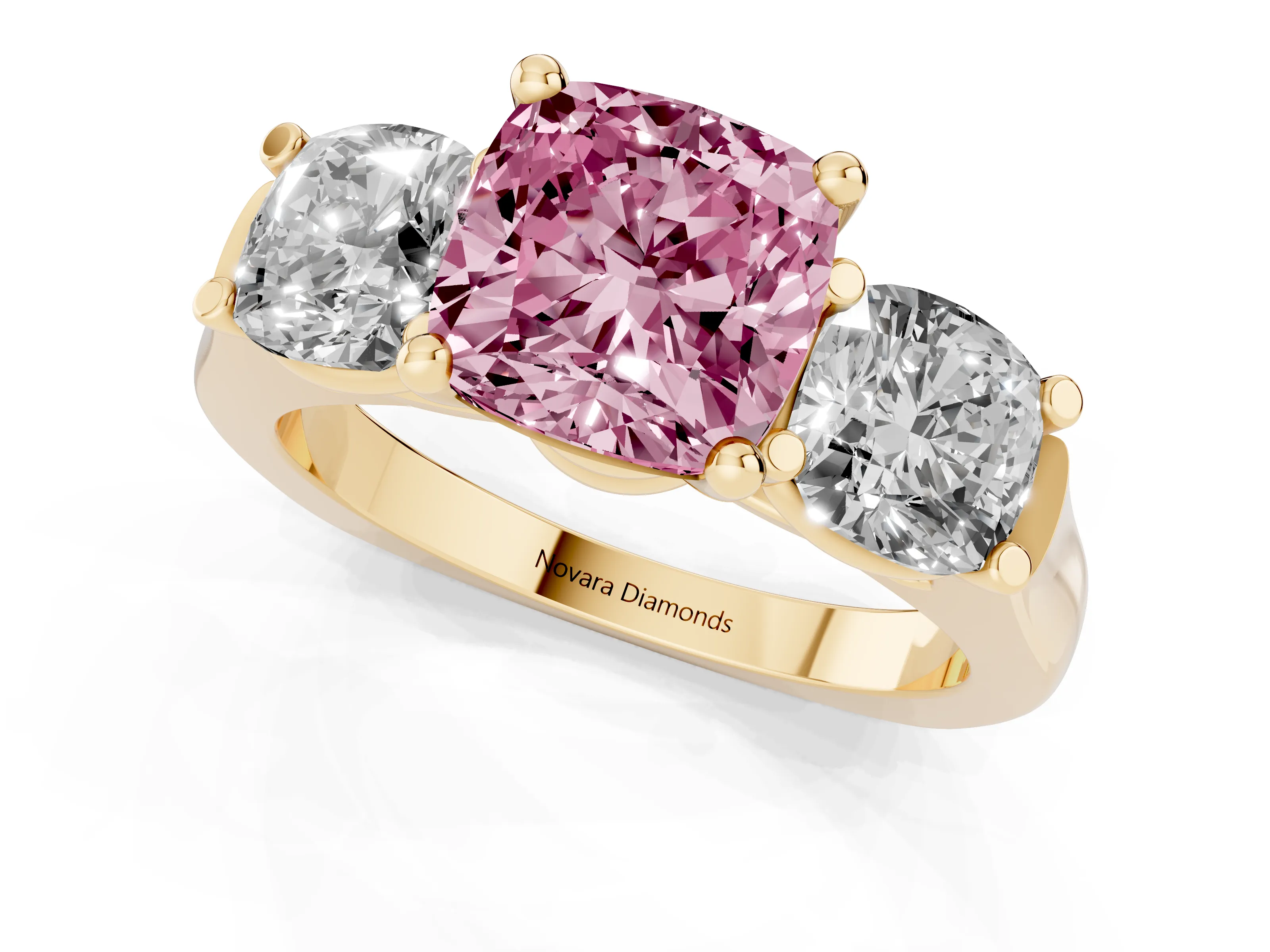 Fancy Pink Cushion Cut Diamond Three-Stone Trellis Ring Set in Yellow gold with Comfort Fit Band