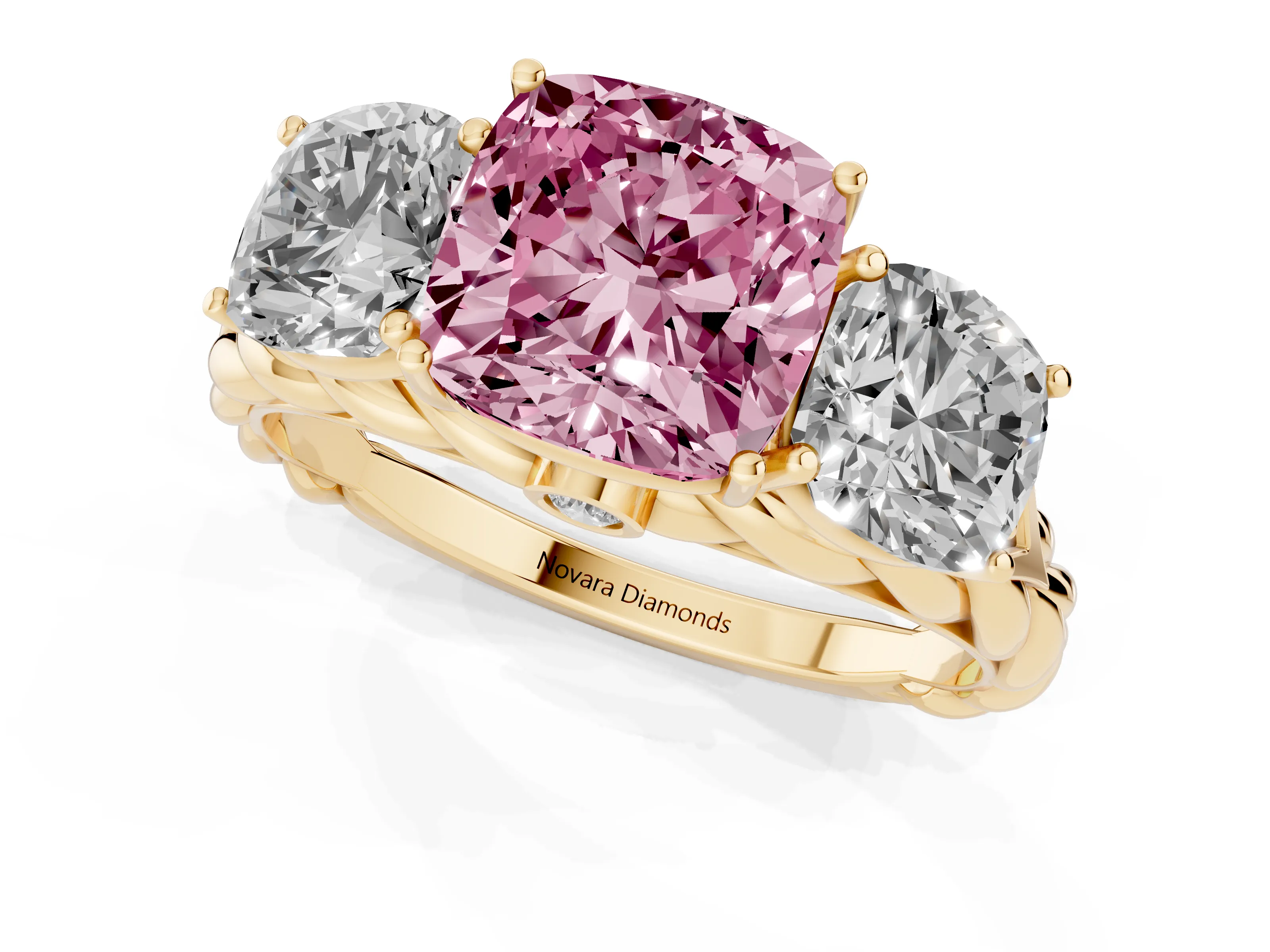 Fancy Pink Cushion Cut Diamond Three-Stone Ring Set in Yellow gold with Braided Band