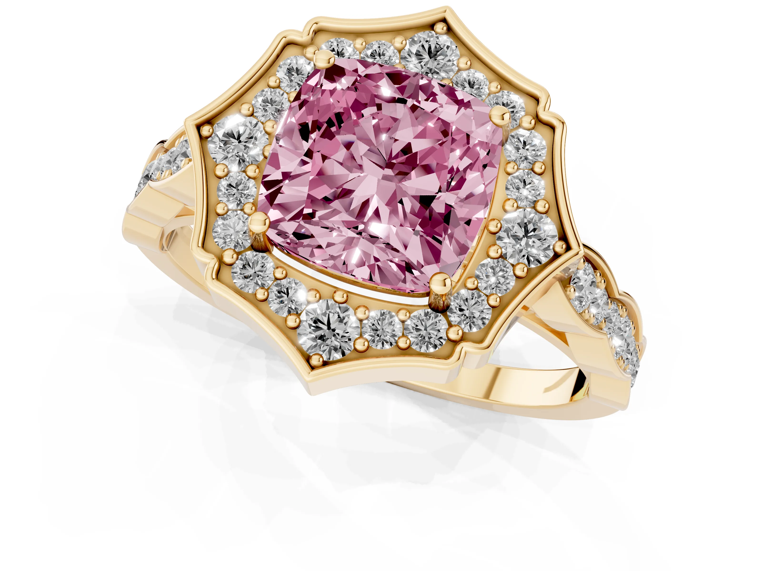 Fancy Pink Cushion Cut Diamond Halo Engagement Ring Set in Yellow gold with Milgrain Band and Prong Setting