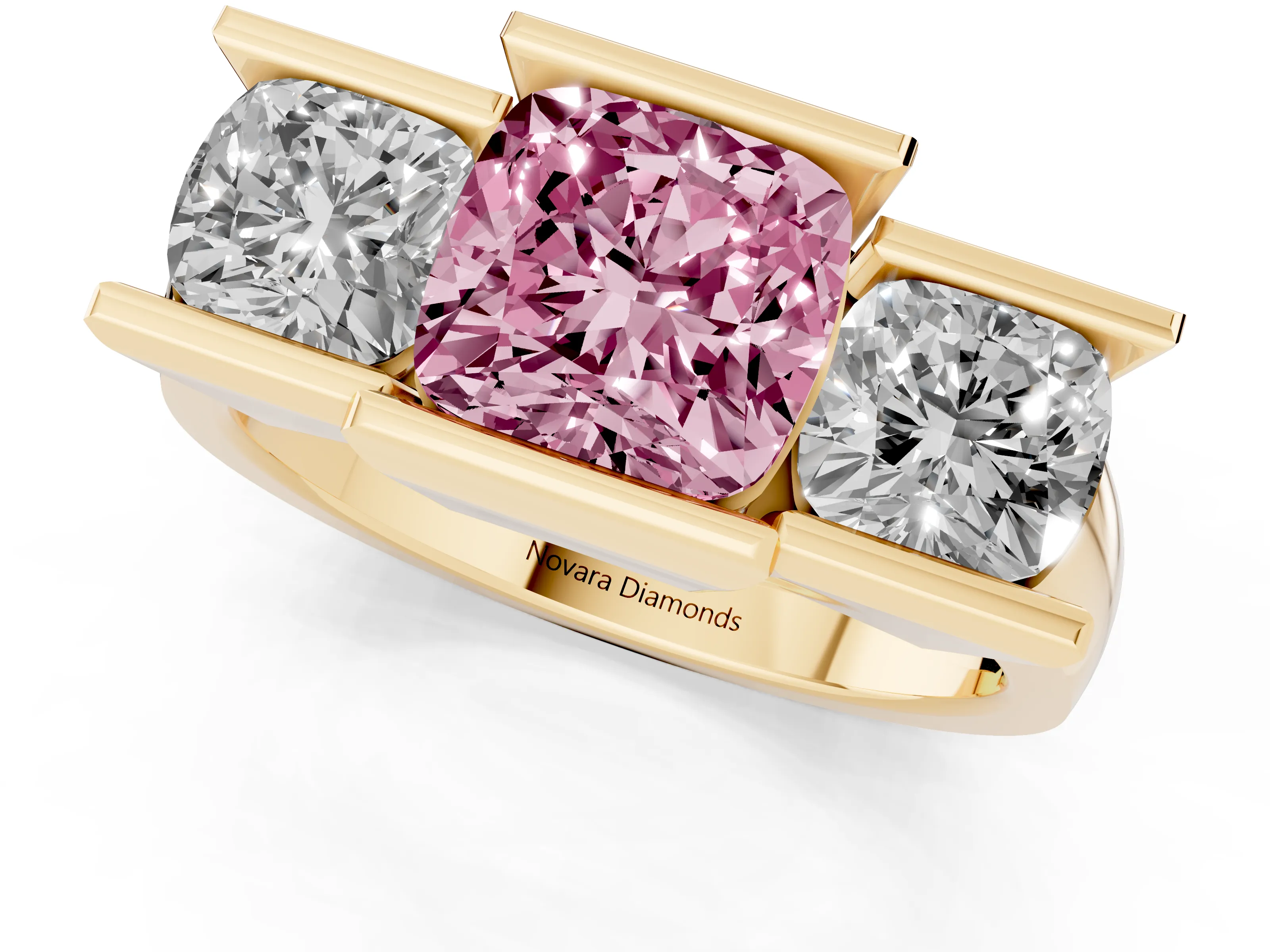 Fancy Pink Cushion Cut Diamond Three-Stone Channel Set Ring Set in Yellow gold with Smooth Polished Band