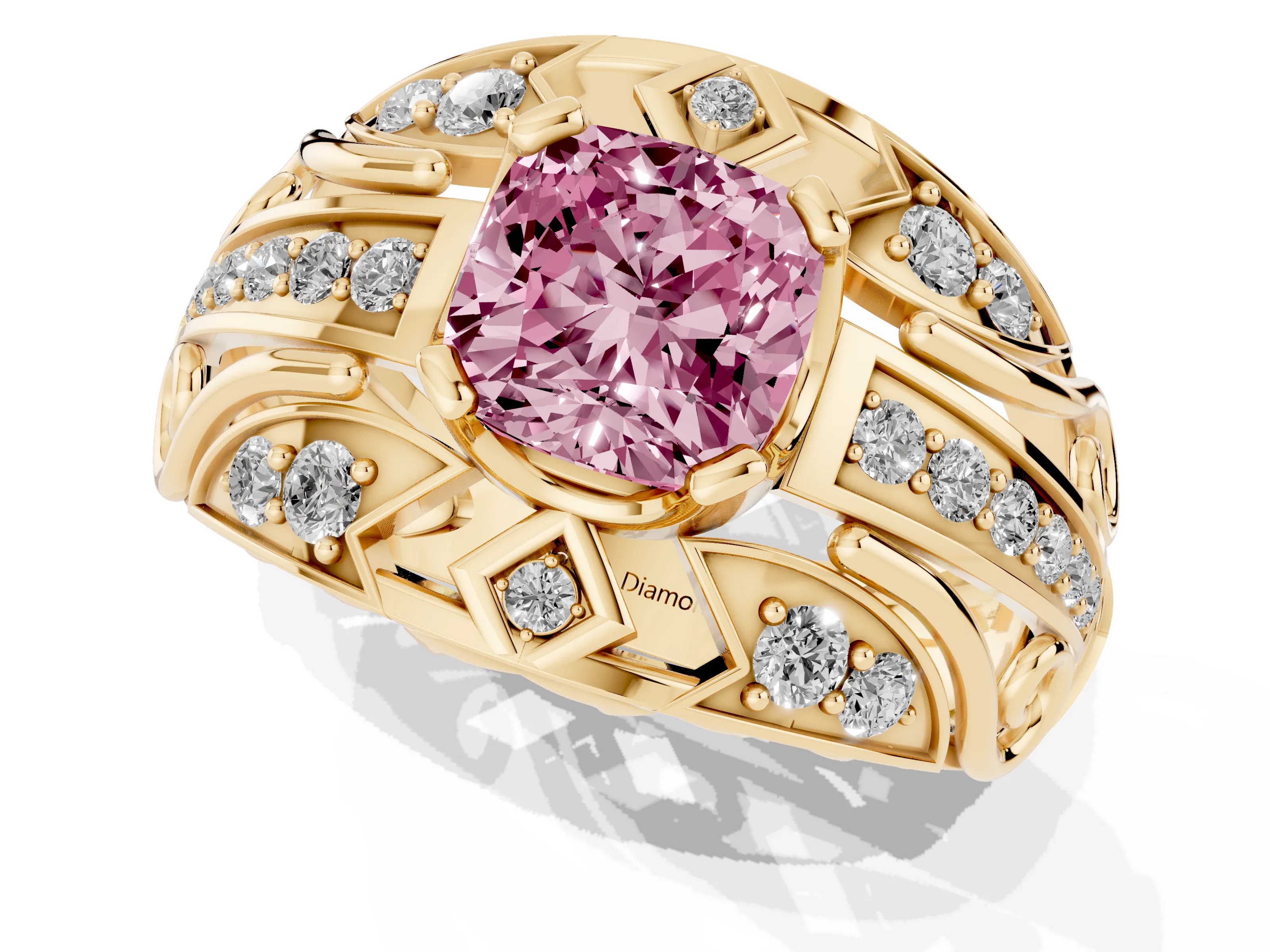 Fancy Pink Cushion Cut Diamond Art Deco Ring Set in Yellow gold with Pavé Split Shank
